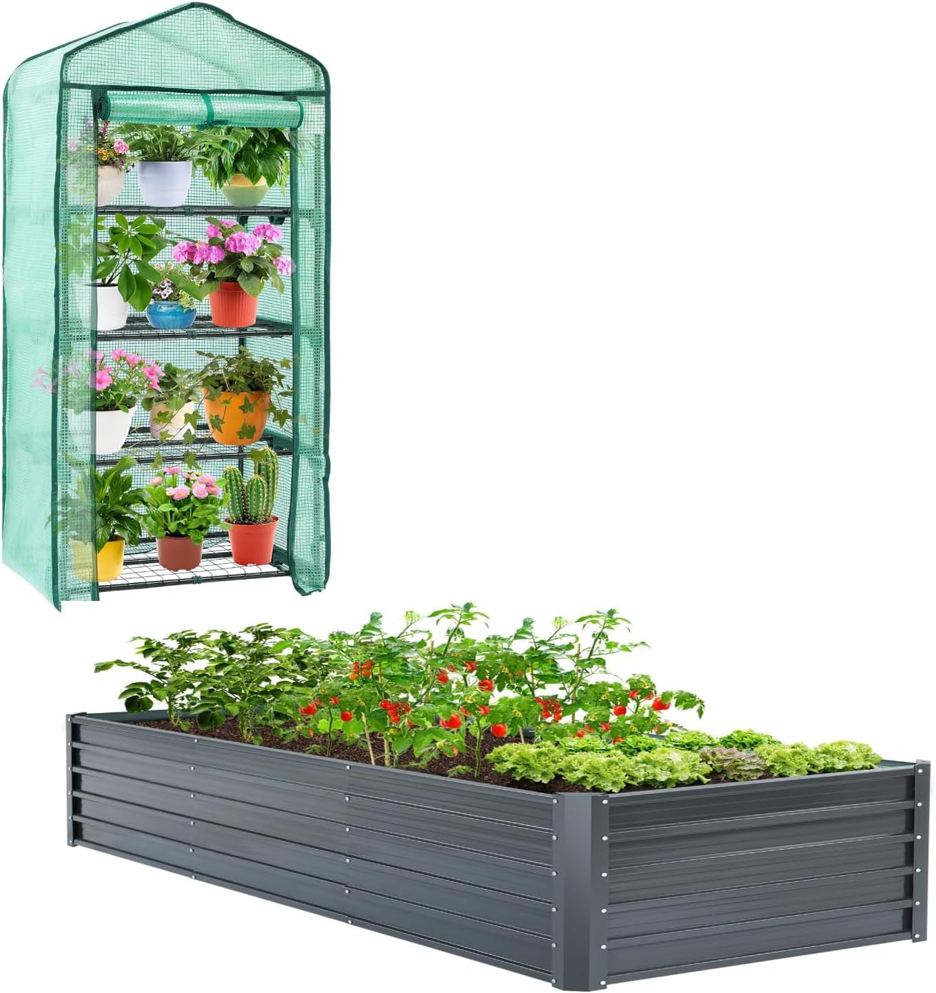 Ohuhu Mini Greenhouse + Metal Raised Garden Bed