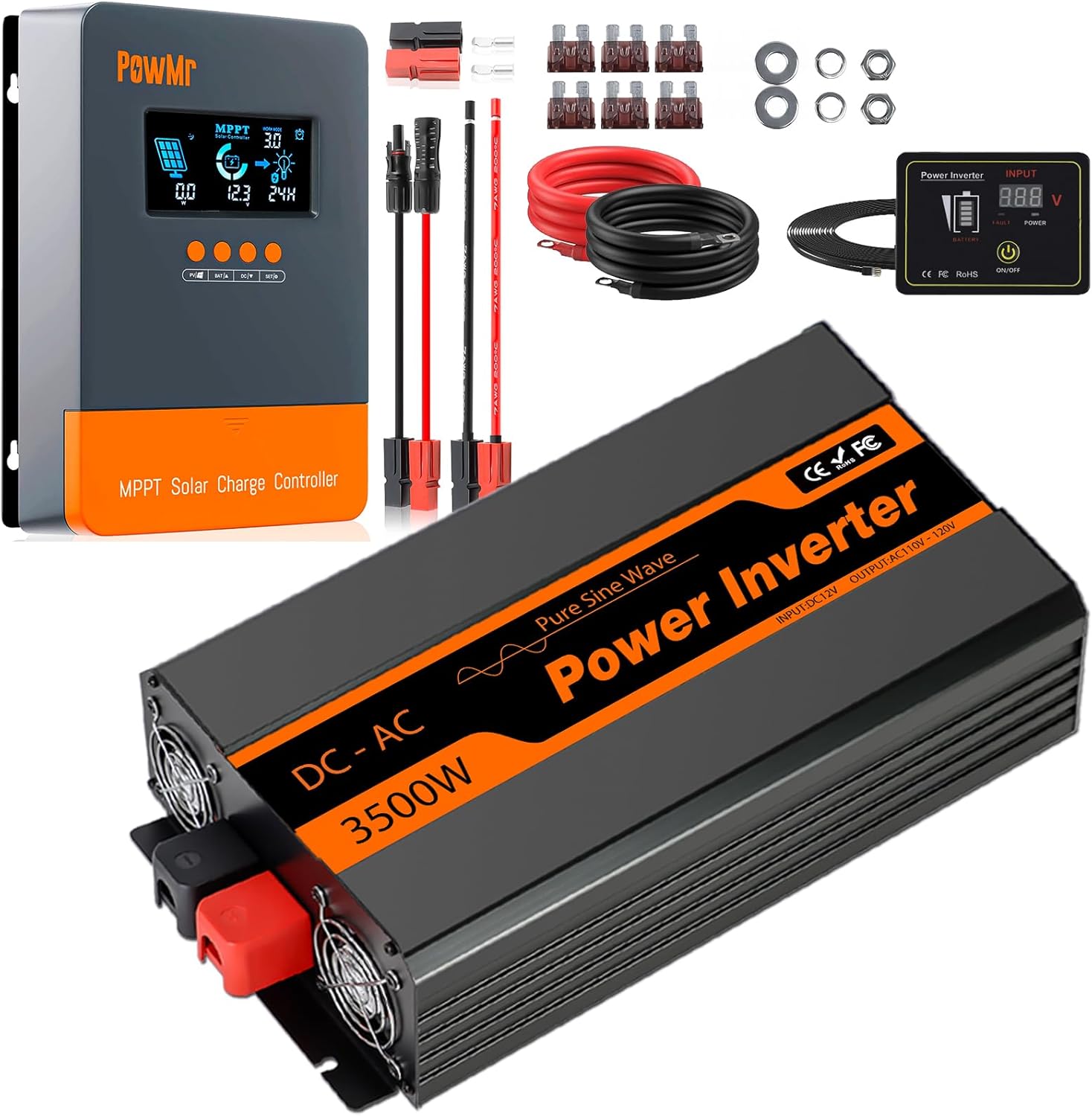 PowMr 2500W Pure Sine Wave Power Inverter 24V & MPPT 60A Solar Charge Controller