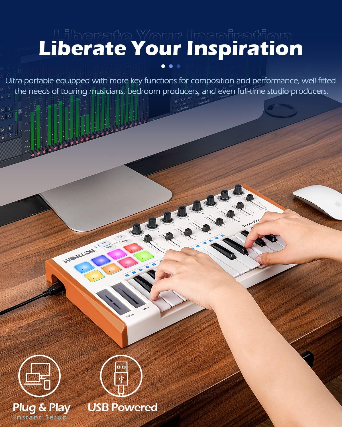 Vangoa Worlde MIDI Keyboard Controller 25 Key, Worlde Tuna Mini USB Portable Beat Maker Machine, Midi Keyboard with Drum Pads for Beginners, 8 Knobs, 8 Faders, Pedal Interface, White