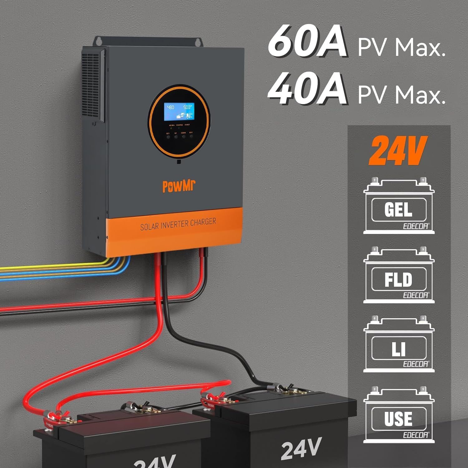 3200W Solar Inverter Charger 24V to 120V Bulit-in 60A MPPT Controller, Max.PV Input 108V & 10AWG Solar Extension Cable 50 Ft