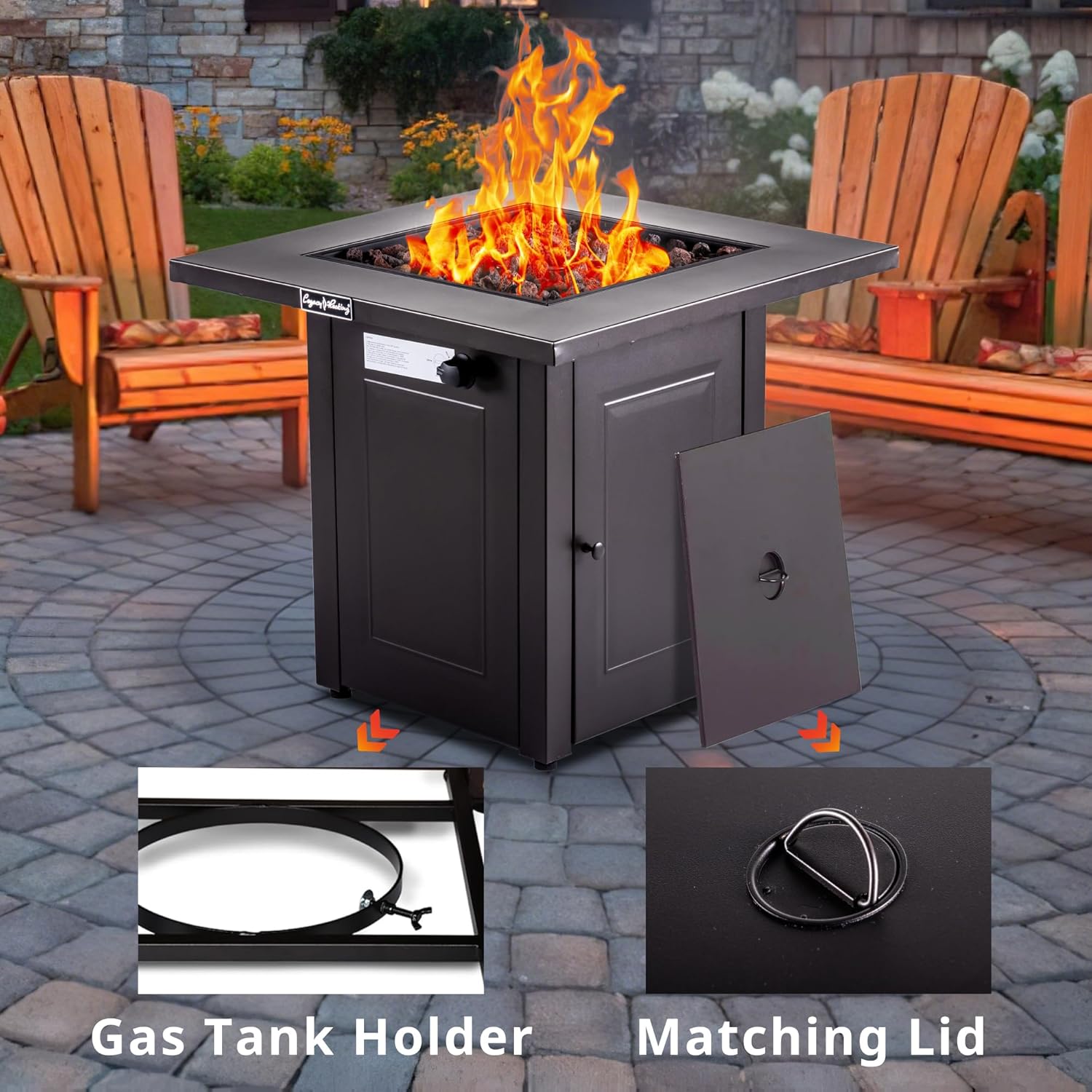 Hexago 28 Inch Propane Fire Pit Table, 50,000 BTU Square Outdoor Gas Fire Table with Lid & Lava Rocks, Auto Ignition, ETL Certified, for Patio, Backyard, Garden & Deck