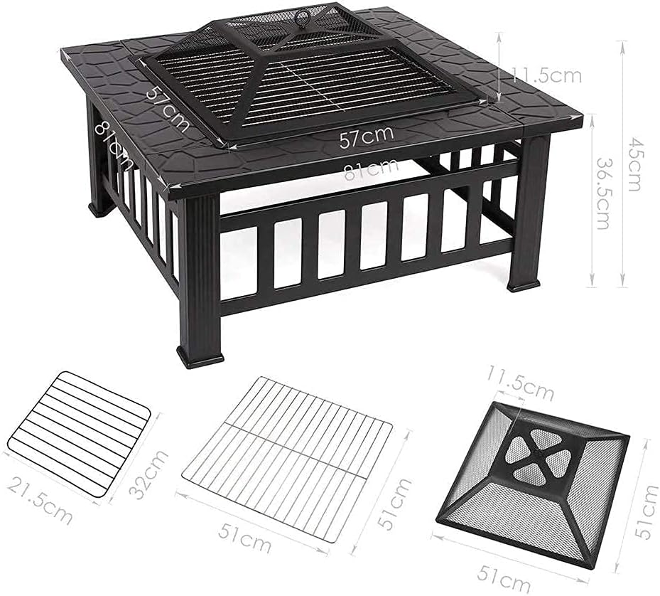3 in 1 Fire Pit with BBQ Grill Shelf,Spark Guard Lid & Hand Tool for Outdoor Metal Brazier Firepit Heater/BBQ/Ice Pit