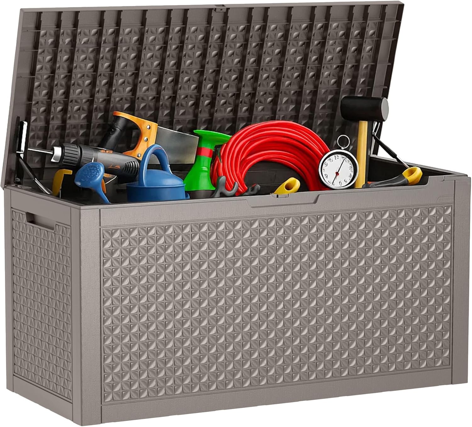 Vixzen 100 Gallon Deck Box,Resin Outdoor Storage Box with Lockable for Patio Furniture, Pool Accessories, Garden Tools, Waterproof Outside Storage Box, Light Brown