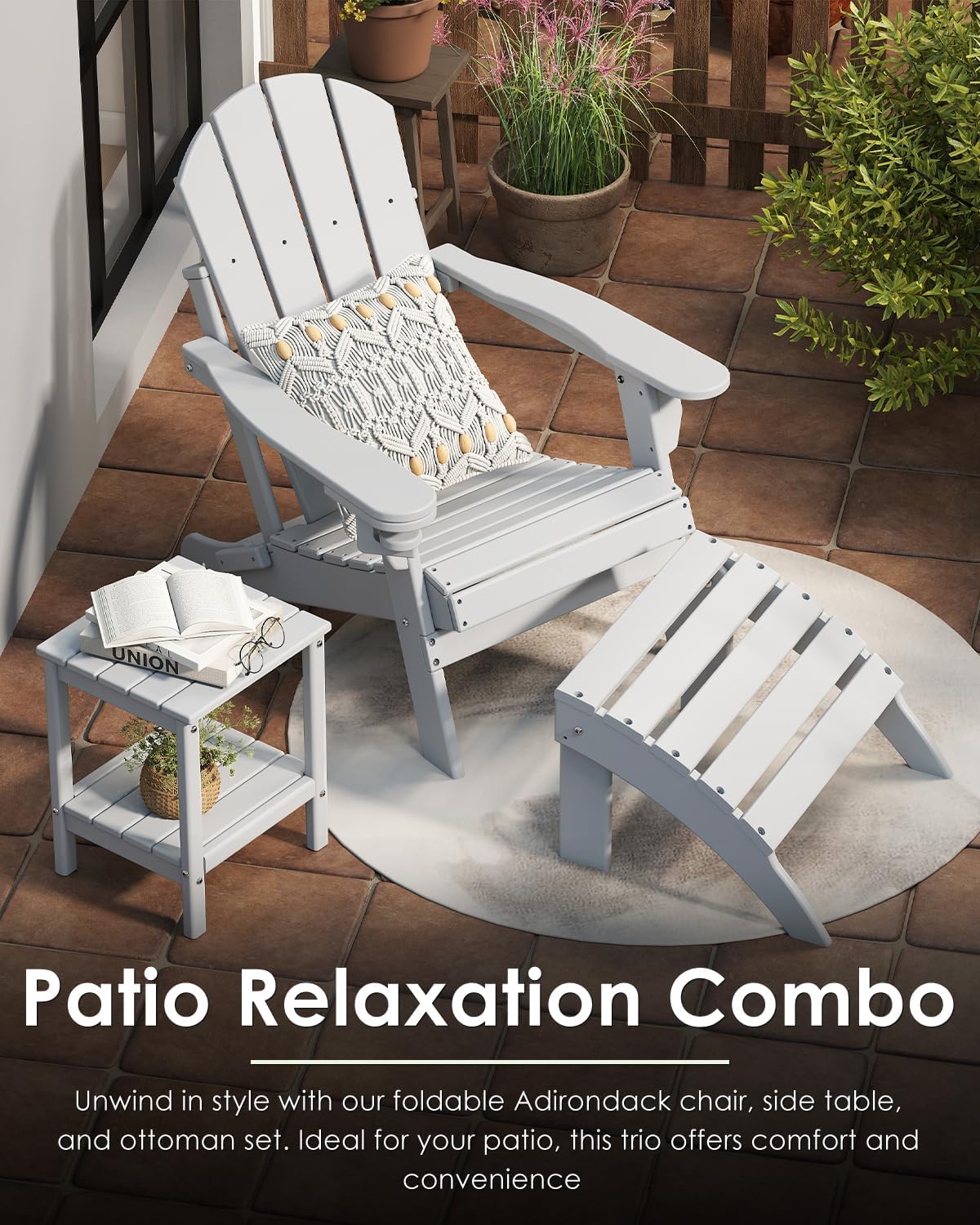 GREENVINES Folding-Adirondack-Chairs-Set-of-6 | HDPE Plastic | Fire Pit Chair | All Weather | Cup Holder | White | for Deck Backyard Patio Outdoor Garden