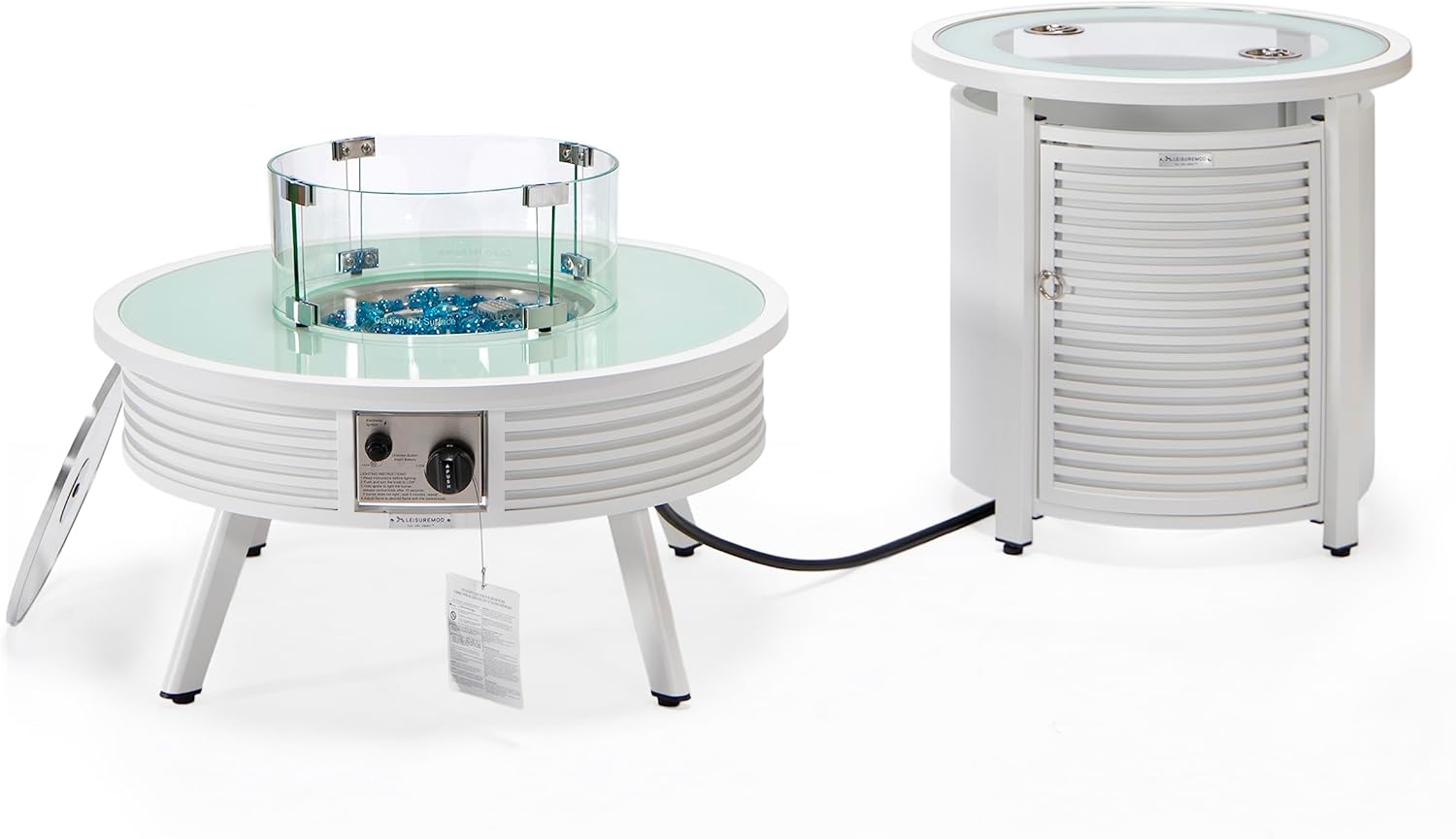 LeisureMod Walbrooke Modern Round Fire Pit Table and Tank Holder with Powder Coated Aluminum Slats Design for Patio and Backyard Garden, White