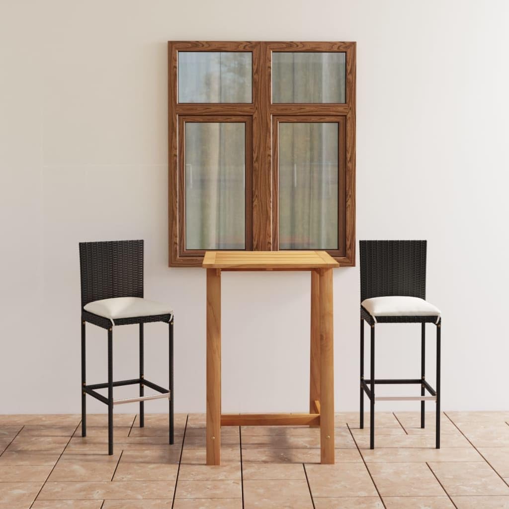 3 Piece Patio Bar Set with Cushions Black,Elegant Patio Bar Set: Acacia Table and Poly Rattan Bar Stools for Garden, Terrace, and Balcony Furniture Sets for Patio, Lawn & Garden