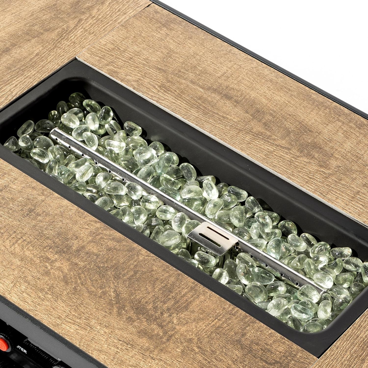 32in Gas Fire Pit Table Set, 50,000 BTU Propane Fire Pit Table Outdoor with Rain Cover, Hideaway Tank Holder Fits 20lb Tank, Gas Fire Pit for Outside w/Ceramic Tabletop and lid, Glass Rocks.