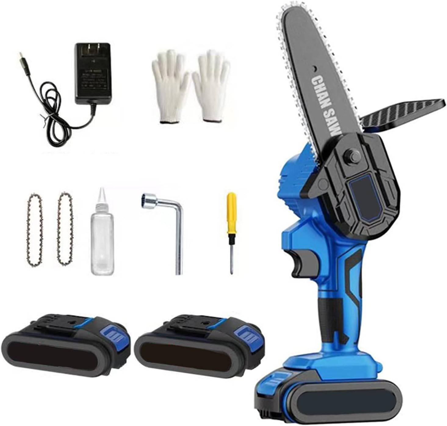 4 Inch Mini Chainsaw Hand Portable with Rechargeable Battery,Cordless Battery Powered Chain Saw,Electric Cordless Chainsaw,for Yard Branch Trimming(2 Battery，Replacement Chain)