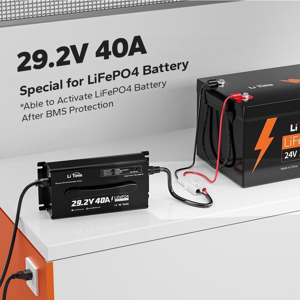 LiTime 24V 100Ah LiFePO4 Lithium Battery with 29.2V 40A LiFePO4 Battery Charger, Built-in 100A BMS, Up to 15000 Cycles, Max. 2560W Load Power for RV/Camper, Solar, Trolling Motor, Marine, Off-Grid
