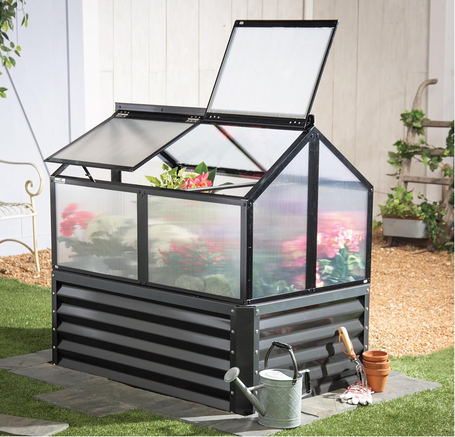 GrowHaus Cold Frame, Portable Aluminum Greenhouse with Transparent Openable Roof, Small Greenhouse for Outdoors, Balcony, Garden, Backyard