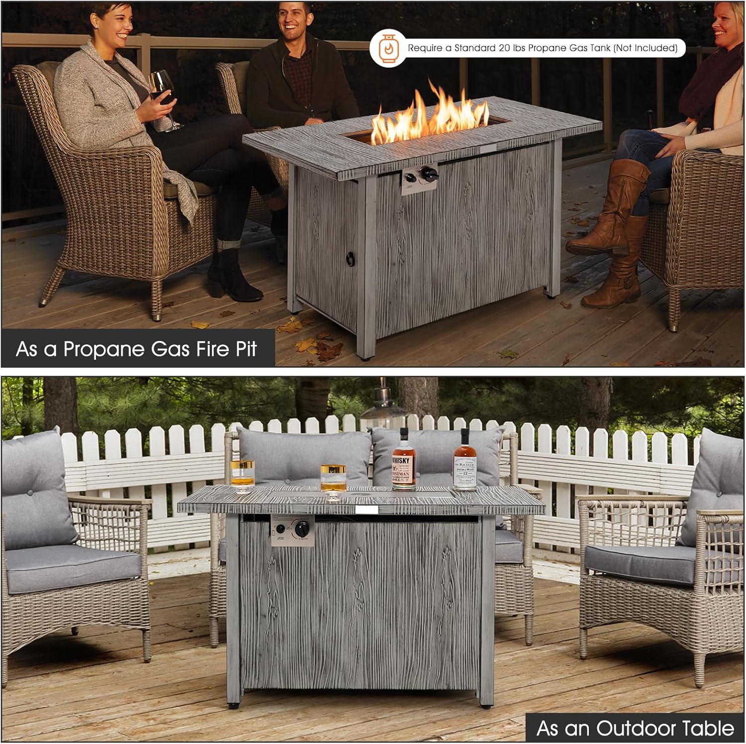 HAPPYGRILL 43” 50,000 BTU Outdoor Propane Fire Pit Table, Pulse Ignition Gas Fire Table with Lid, Protective Cover and Lava Rocks, Gas Fire Pit Table for Backyard Garden Patio