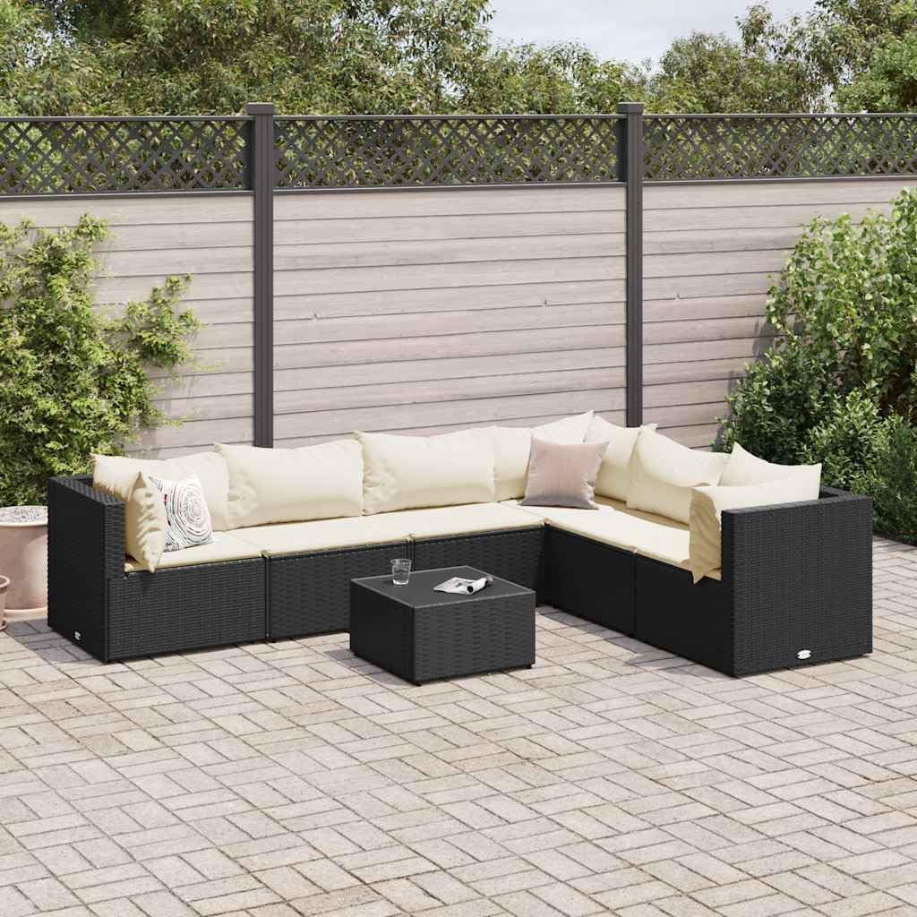 7 Piece Patio Lounge Set with Cushions Black Poly Rattan,Durable Outdoor Lounge Set with Modular Rattan Furniture and Adjustable Cushions for Patio and Garden Patio Furniture Sets, Outdoor Furniture S