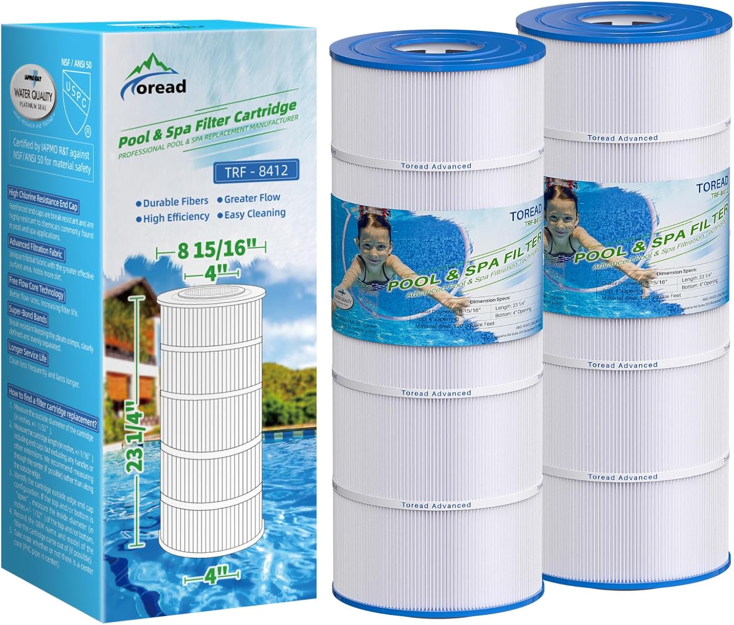 TOREAD Replacement for Pool Filter PA120, Ultra-B2, CX1200RE, C1200, Unicel C-8412, Filbur FC-1293, Waterway Clearwater II, Pro Clean 125, 817-0125N, Aladdin 22002, L x OD:23 1/4