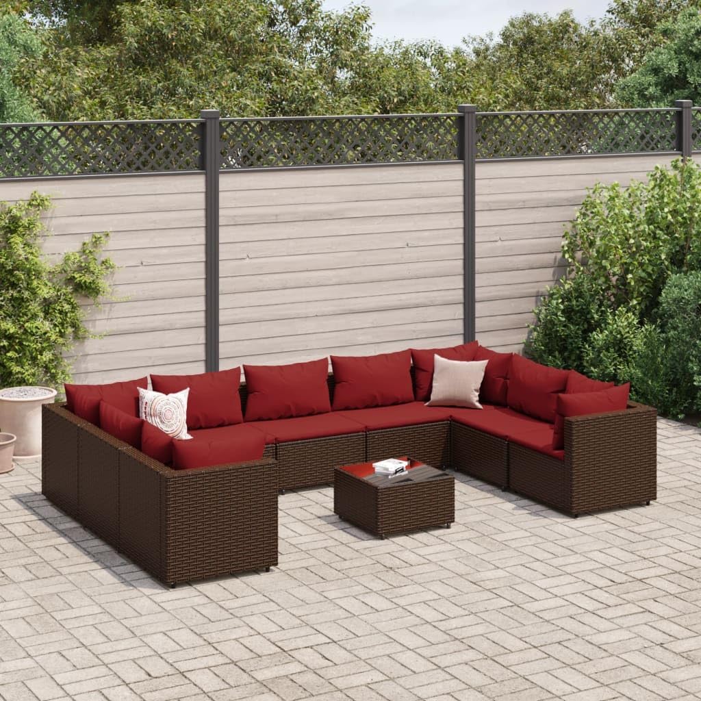 Furniture Sets 10 Piece Patio Lounge Set with Cushions Brown Poly Rattan,Outdoor Lounge Set with Comfortable Rattan Furniture and Glass Tabletop for Patio and Garden Garden Conversation Sets