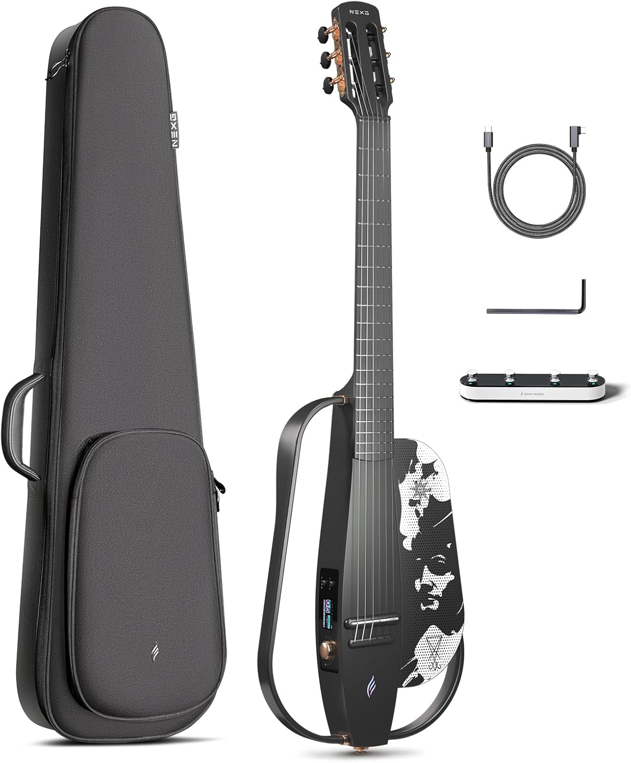 Enya Acoustic-Electric Carbon Fiber Classical Nylon String Travel Guitar NEXG 2N Lucifer Andrea Chiarini Signature with 50W Wireless Speaker, Thickened Gig Bag, Footswitch Pedal, Charging Cable