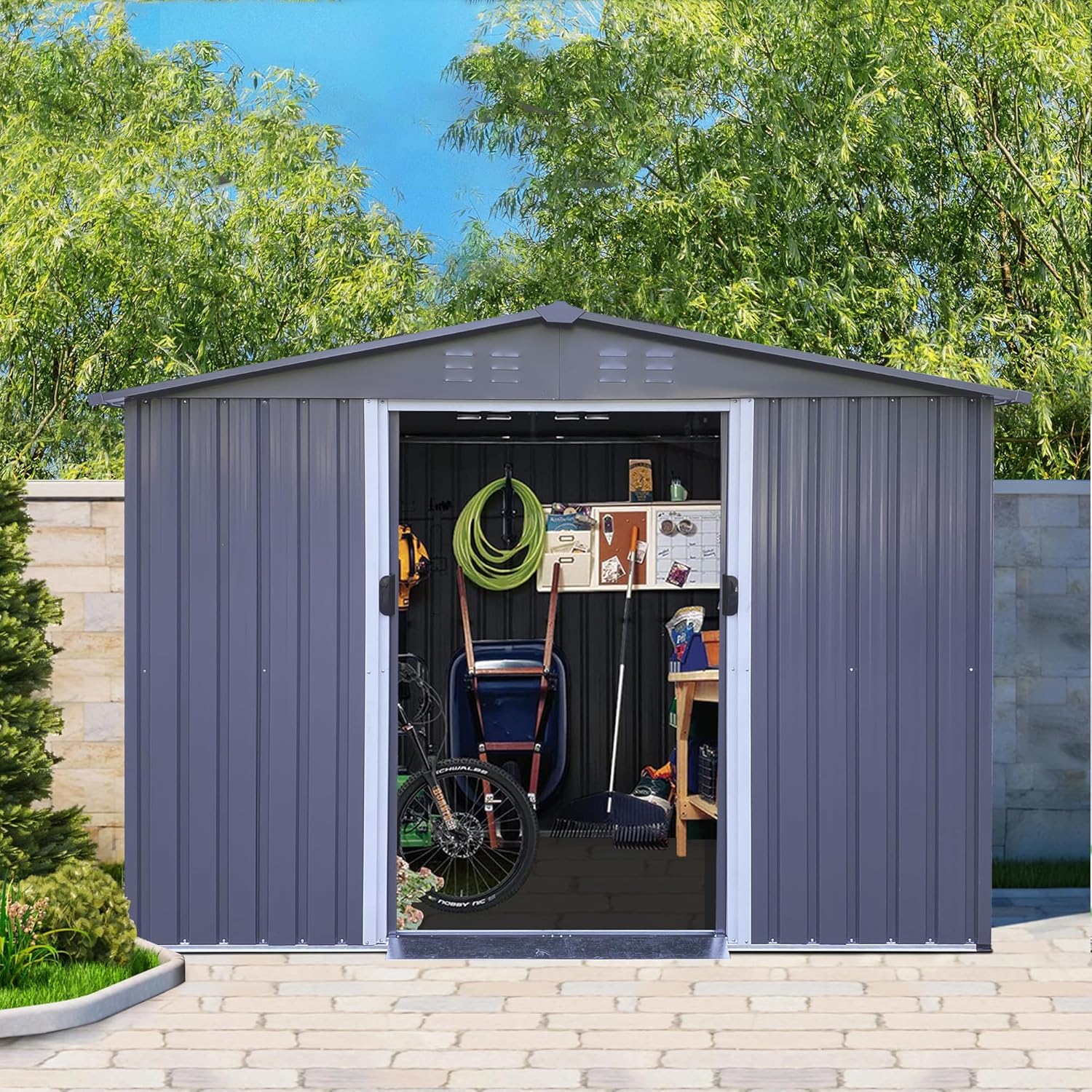 8 x 6 FT Outdoor Storage Shed, Large Metal Tool Sheds, Heavy Duty Storage House with Sliding Doors, Air Vent for Backyard Patio Lawn, Bikes/Lawnmowers Store, Dark Grey