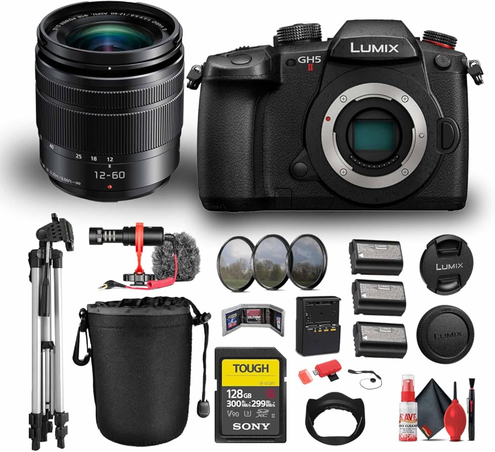 Panasonic Lumix GH5 II Mirrorless Camera with 12-60mm f/3.5-5.6 Lens (DC-GH5M2K) Bundle Including: 128 GB Memory Card, Microphone, 3-Piece Filter Kit, 3X Battery, Tripod, Full Cleaning Kit, More