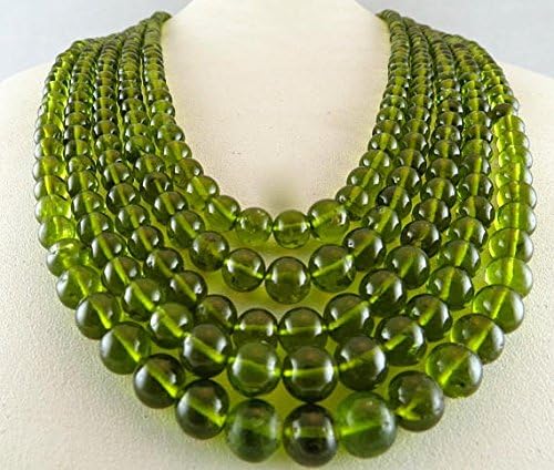 5 Line Natural Peridot Round Beads String Necklace 19 INCH 5-8mm