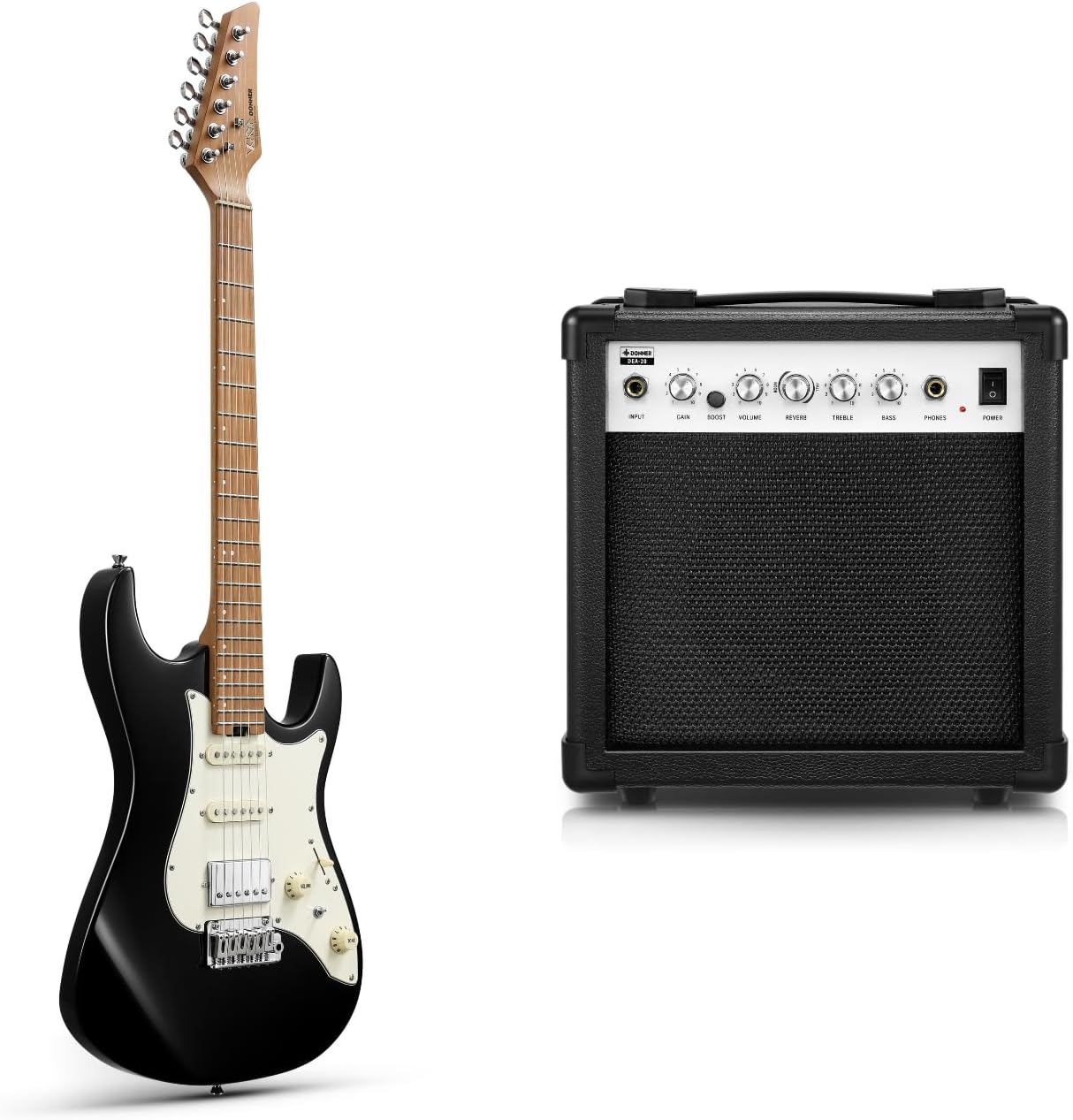 Donner 39 Inch Electric Guitar, DST-550 Solid Poplar Body Electric Guitar for Intermediate & Pro Players, Black with Donner Electric Guitar Amp 20W, DEA-20 Guitar Amplifier with Reverb Effects