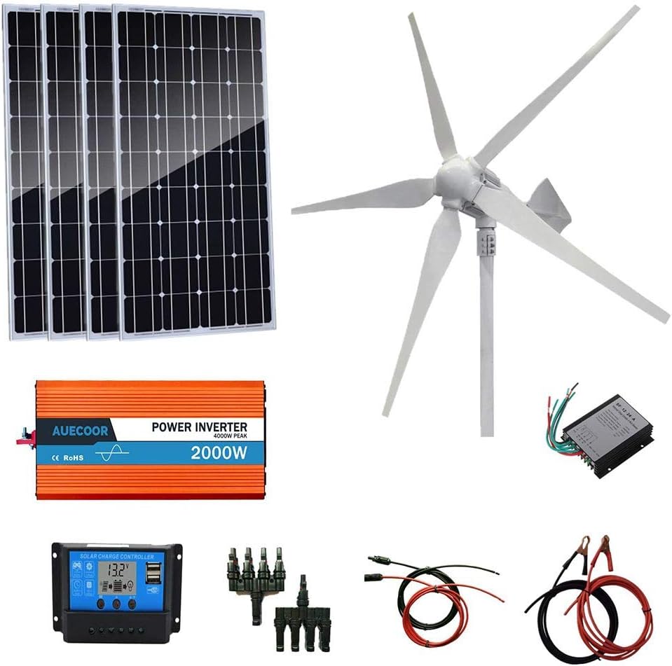 1200 Watts Wind Solar Powered System(Hybrid System Kit): 800W Wind Turbine Generator + 4pcs 100W Monocrystalline Solar Panel + 2000W Pure Since Wave Inverter(Peak 4000W)+Accessories