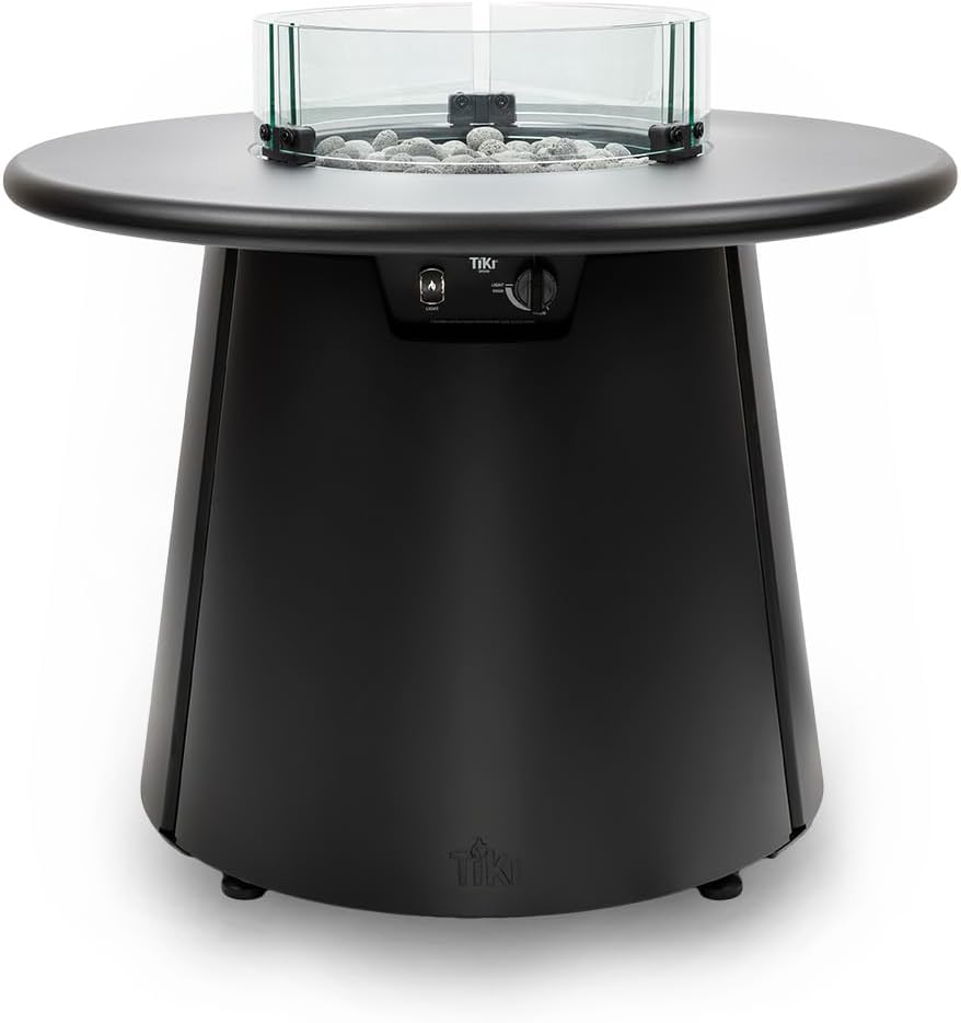 TIKI Customizable Propane Fire Pit with Glass Surround and Tabletop, 40,000 BTU 28.5