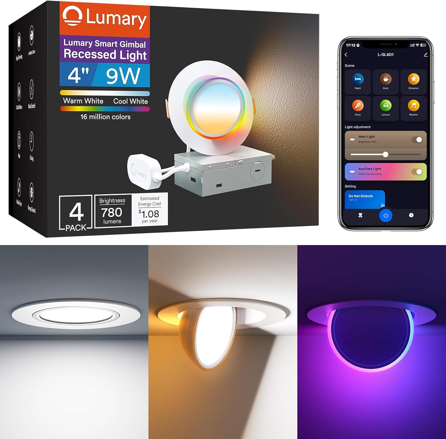 Lumary Smart Gimbal Recessed Lighting 4 Inch Pro, Dual-Controlled CCT Main & RGBAI Auxiliary WiFi LED Recessed Downlights, 270°+90° Adjustable Directional, Compatible with Alexa/Google, 4 Pack