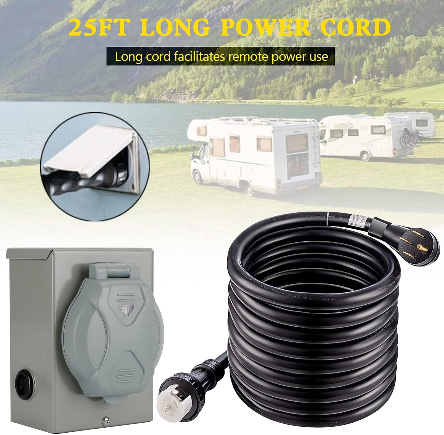 Artudatech 50Amp Generator Cord 25FT+Power Inlet Box Waterproof Combo Kit RV Extension Cord