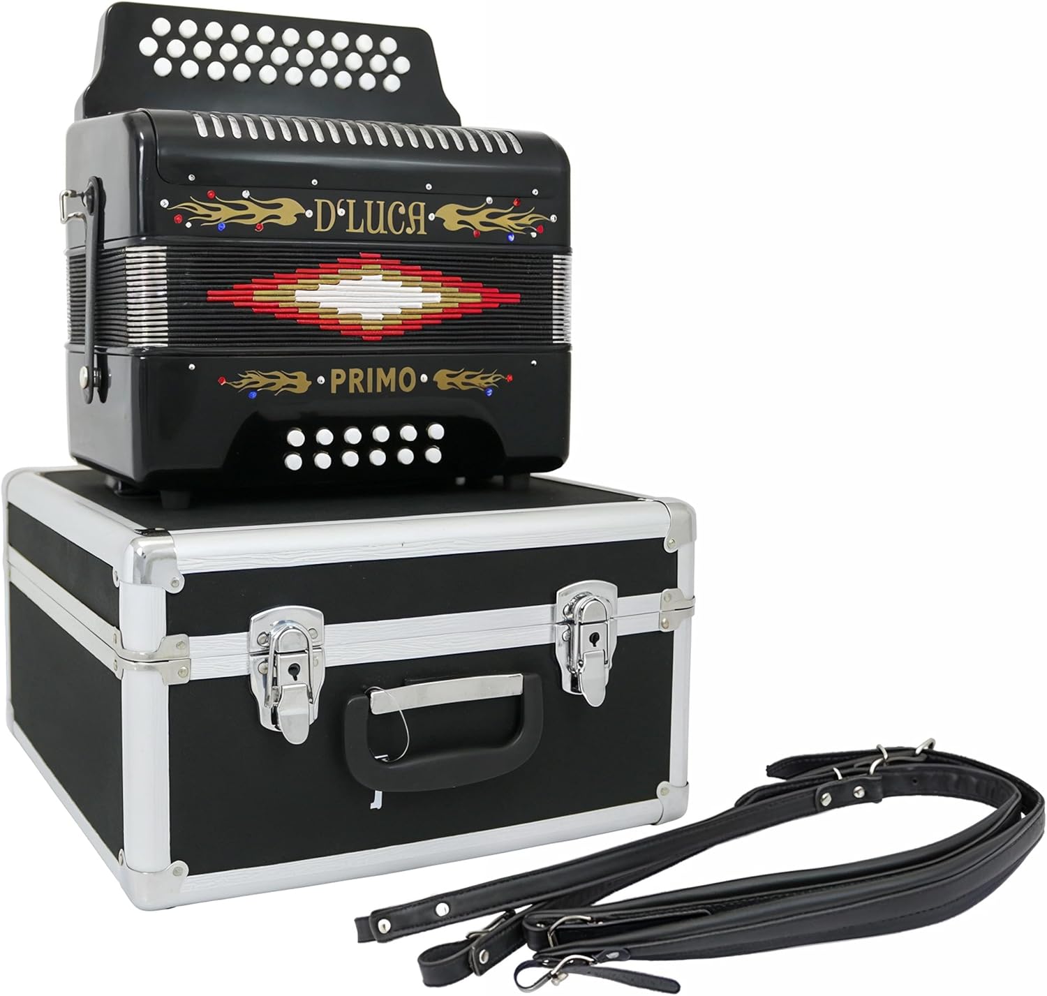 D'Luca Primo Button Accordion 31 Keys 12 Bass on FBE Key with Case and Straps, Black