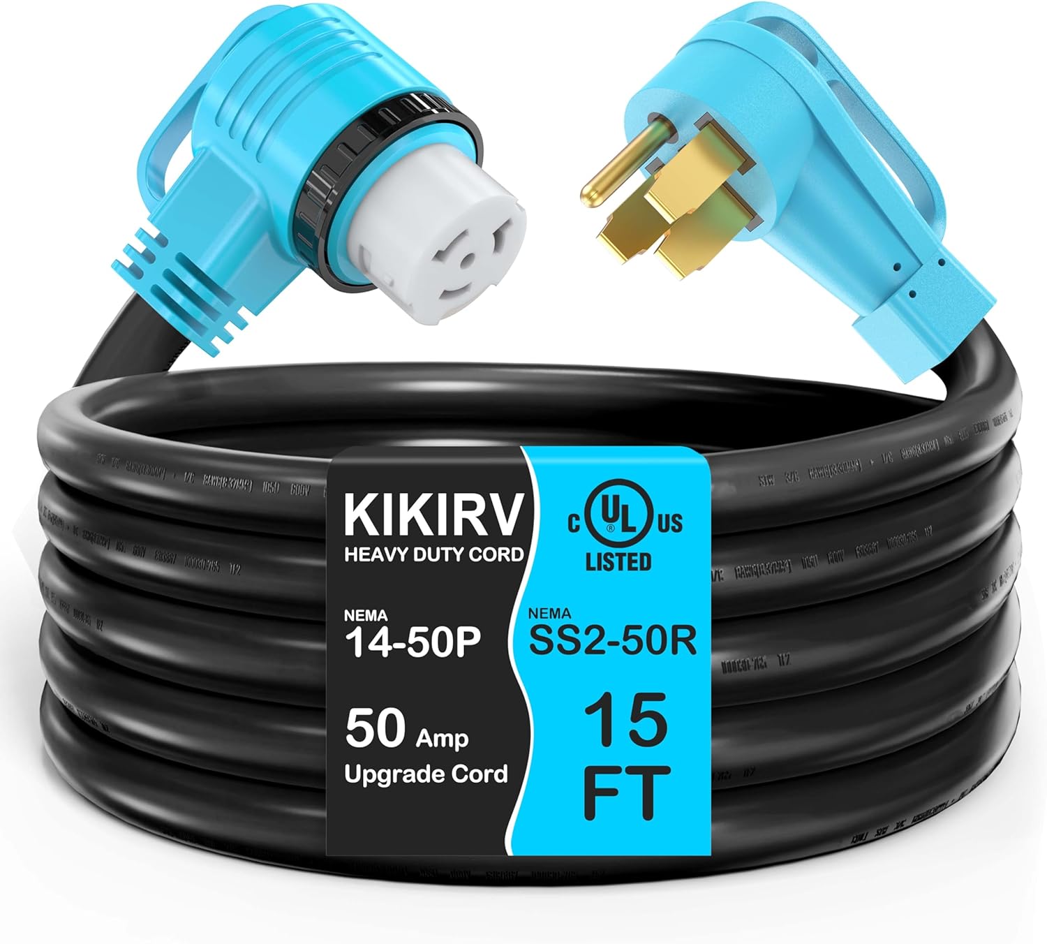 15 Feet 50 Amp RV/Generator Cord, UL Listed, 100% Copper Wire, Newly Designed 90°Grip Handle, NEMA 14-50P to SS2-50R Twist Lock, 6/3+8/1 Gauge STW Wire