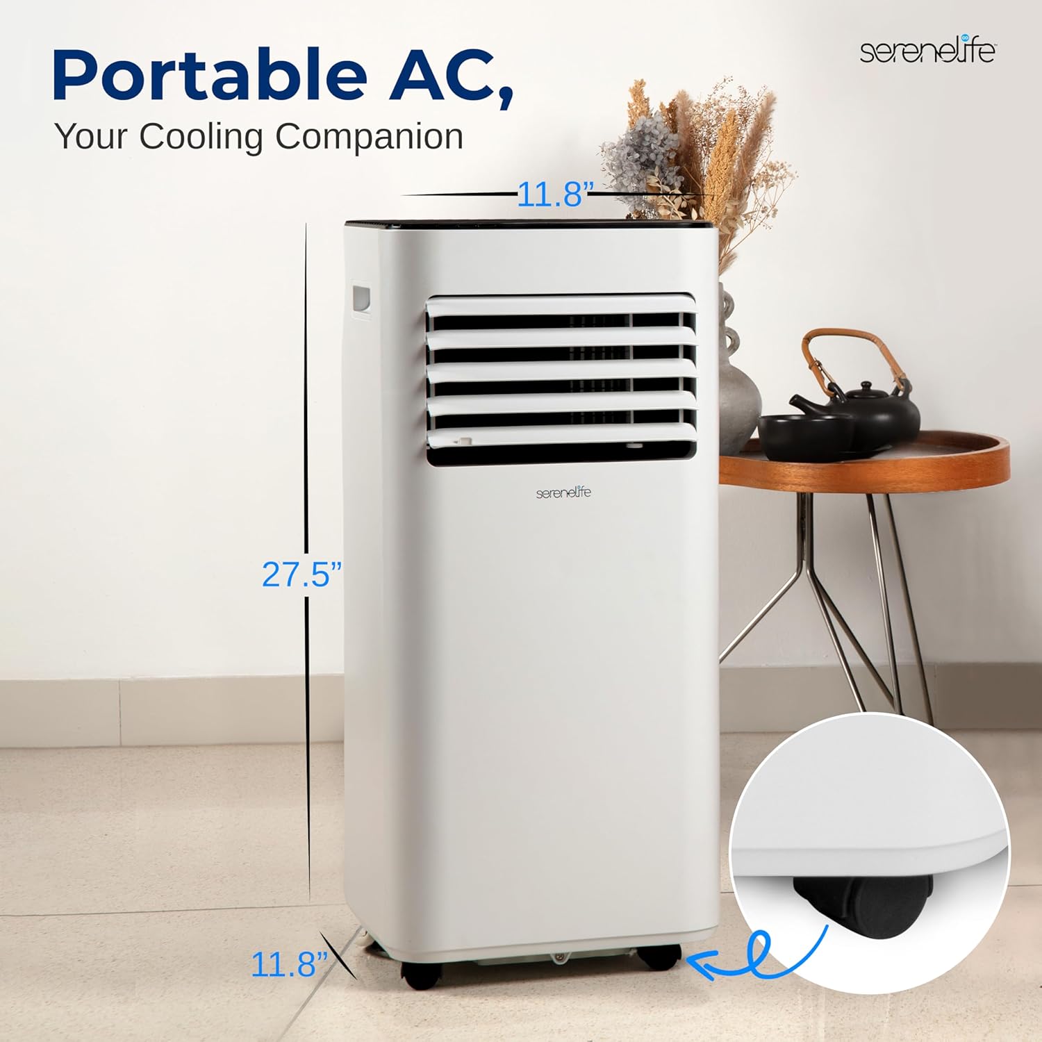 SereneLife Portable Conditioner, 8000 BTU 3-in-1 Compact Standing Air Conditioner for Rooms Up to 300 Sq. Ft., Energy Efficient Floor AC Unit with Remote Control, Universal Casters, Window Mount Kit