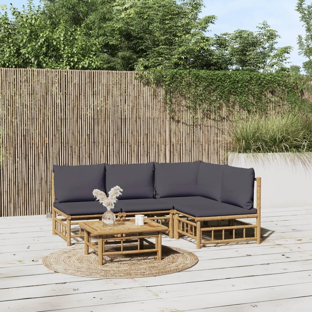5 Piece Patio Lounge Set with Dark Gray Cushions Bamboo,Bamboo Patio Lounge Set with Comfortable Cushions for Outdoor Relaxation Patio Furniture, Outdoor Furniture Sets