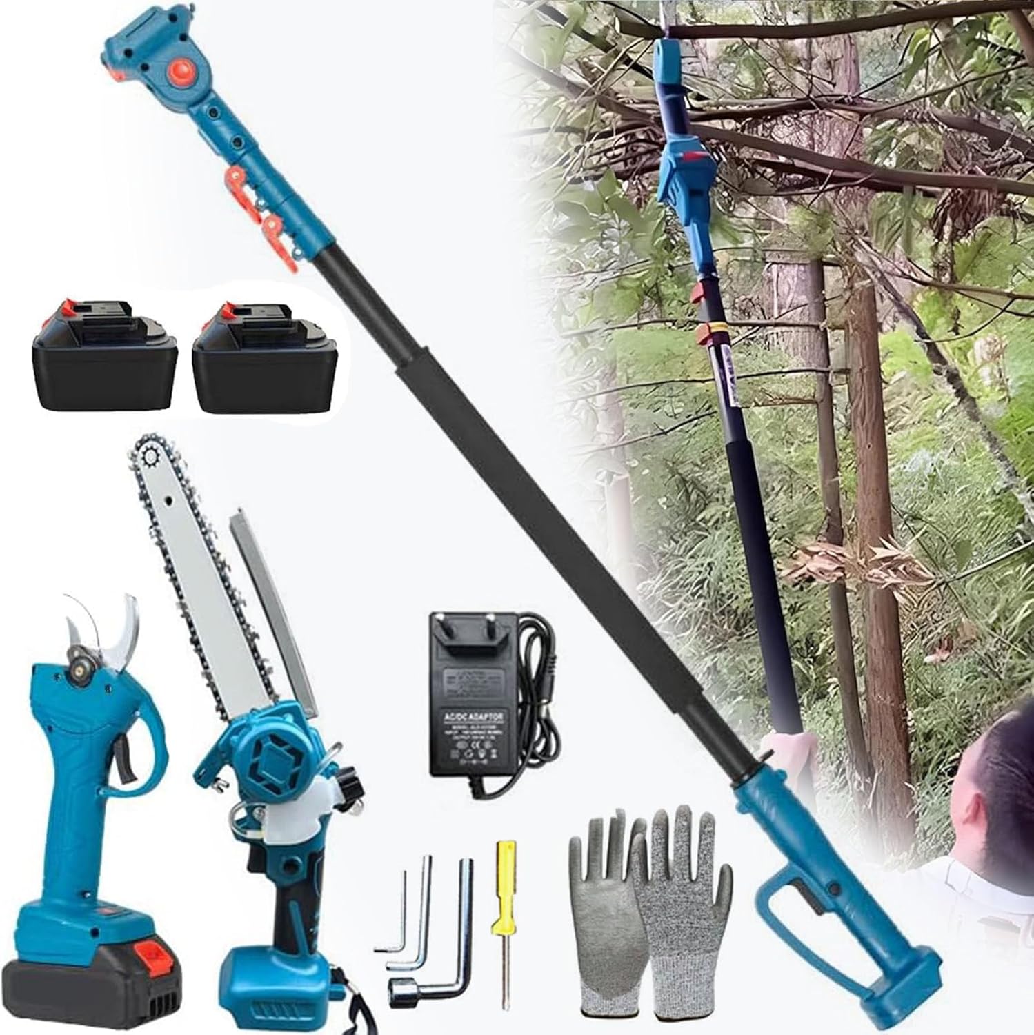 Upgraded 4-in-1 Cordless Pole Saw & Electric Pruning Shears, 8 Inch Brushless Mini Chainsaw with 125-220 cm Extension Pole, Pole Saws for Tree Trimming with 2x 13000 mAh Battery