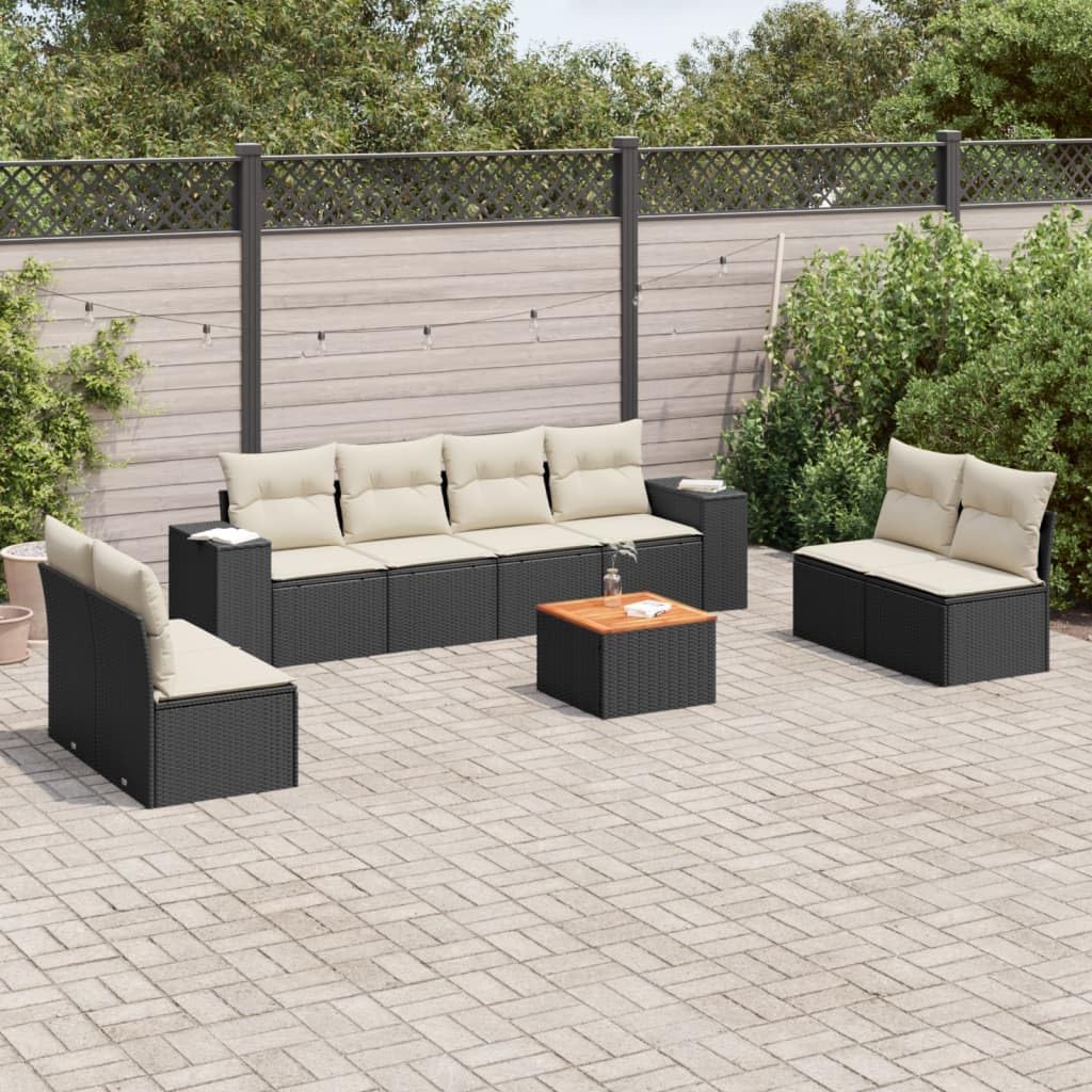 Modular 9-Piece Outdoor Garden Sofa Set Black and Cream Weather-Resistant Poly Rattan Furniture with Removable Cushions and Eight Storage Compartments for Patio Balcony