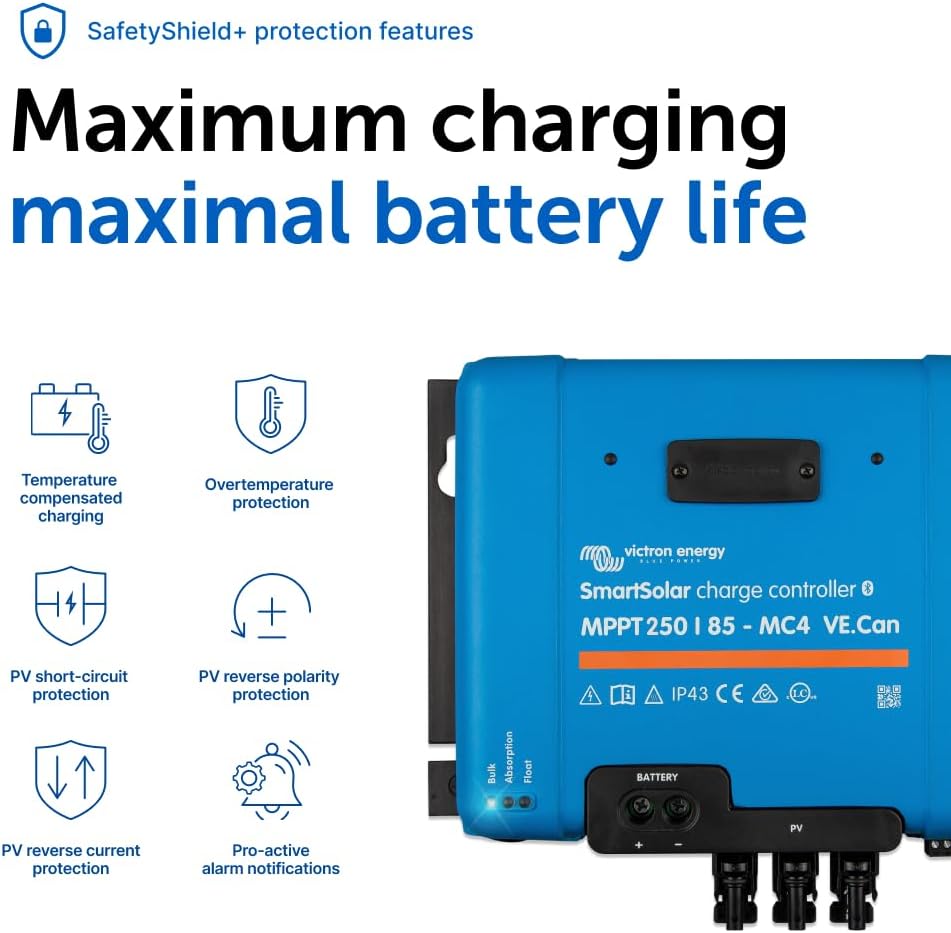 Victron Energy SmartSolar MPPT MC4 Compatible VE.Can Solar Charge Controller (Bluetooth) - Charge Controllers for Solar Panels - 250V, 85 amp, 12/24/36/48-Volt