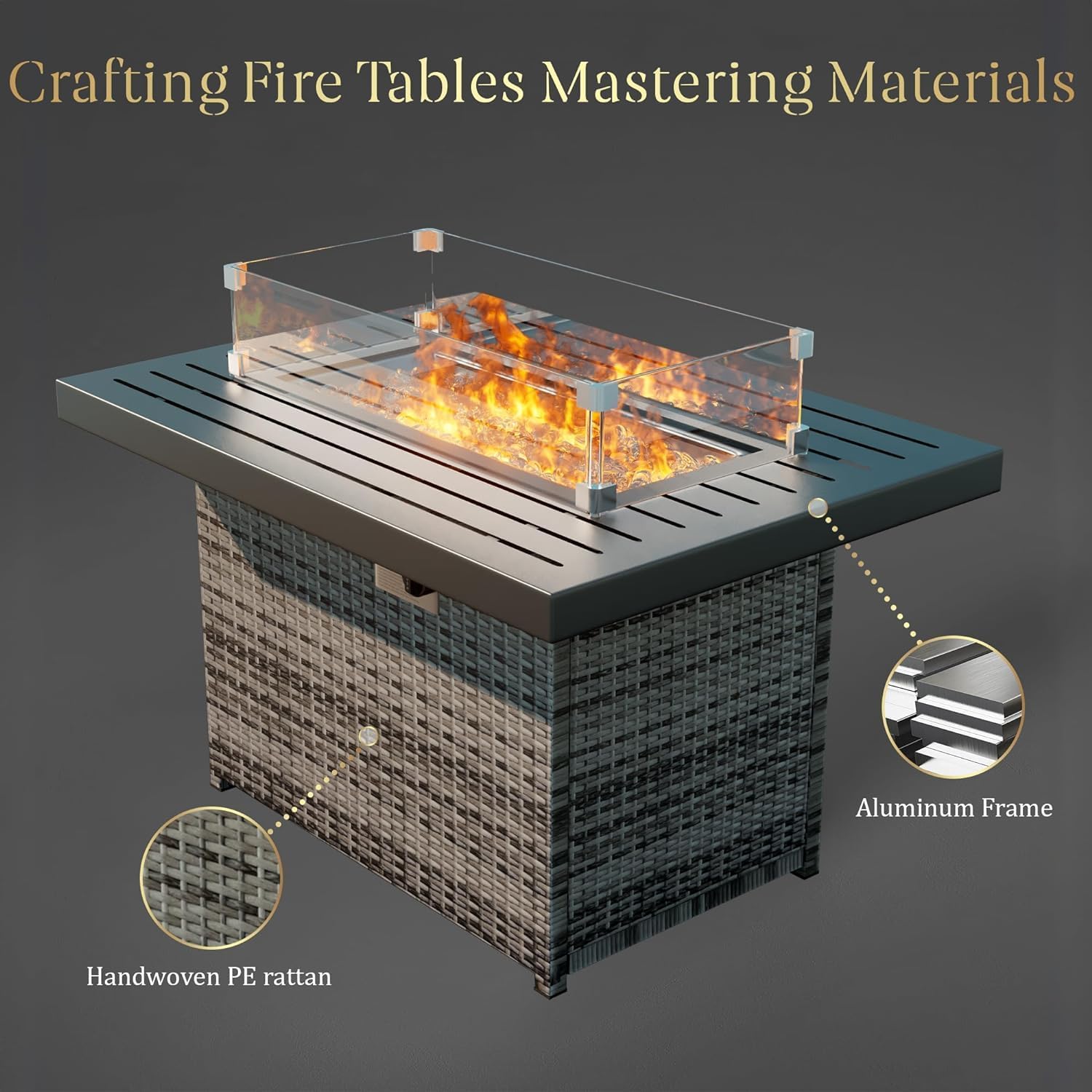 TINKLE WELL 44in Outdoor Propane Fire Pit 60,000 BTU, Gas Fire Pit Table with Glass Wind Guard, Rattan Wicker Base and Waterproof Cover, CSA Certification for Outside Garden Patio Party
