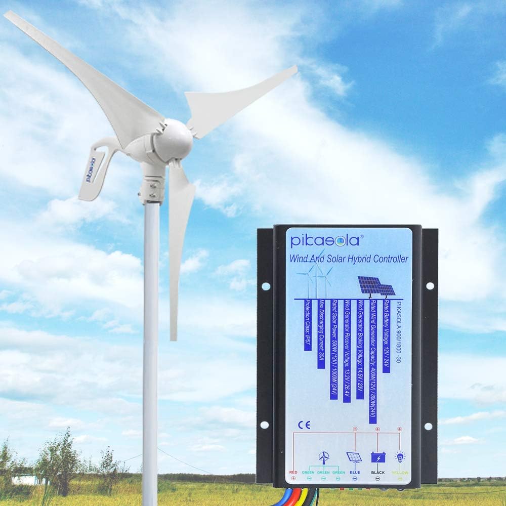 Pikasola Hybrid Wind & Solar Controller for 12V/24V Battery Auto, 30A Charge Controller for Off Grid Max 800W Wind Turbine & 1000W Solar Panel with MCT Charging