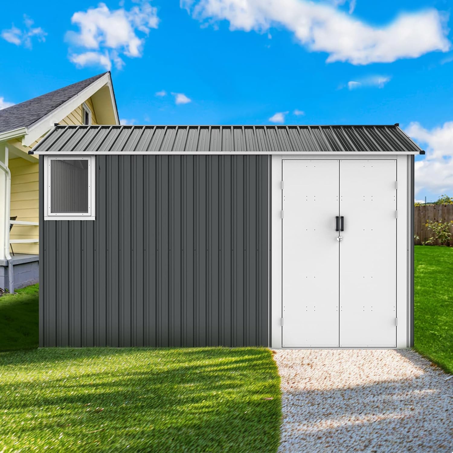 ZeHuoGe 8x12 Ft Metal Outdoor Storage Shed with Window & Floor Base, Vents & Double Hinged Door,Heavy Duty Storage House,Garden Tool Shed for Backyard Garden Patio Law