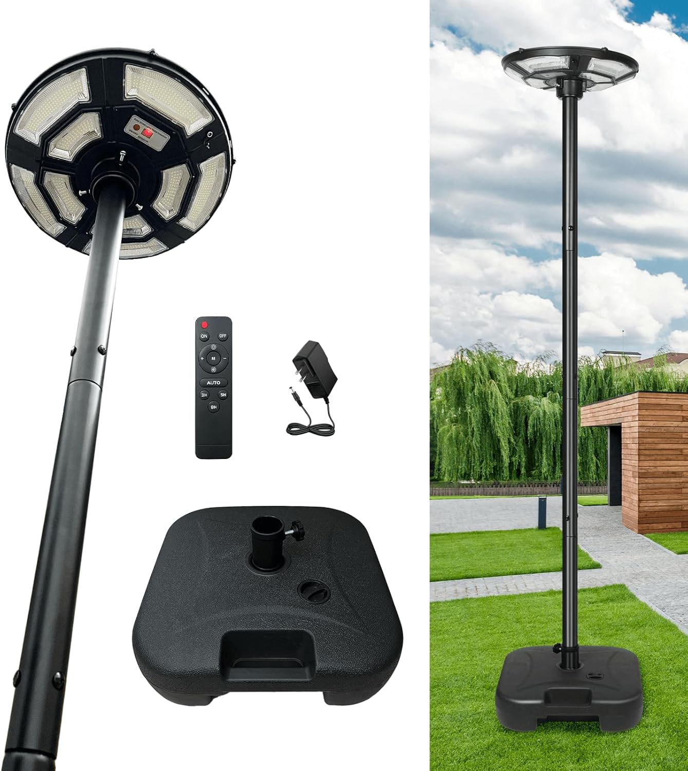 Solar Outdoor Street Light with Pole and Remote, Waterproof Motion Sensor 750-LED Removable Post Light with DC Port for Yard, Patio, Camping, Dusk to Dawn for Outdoor Lighting(Plug Include)