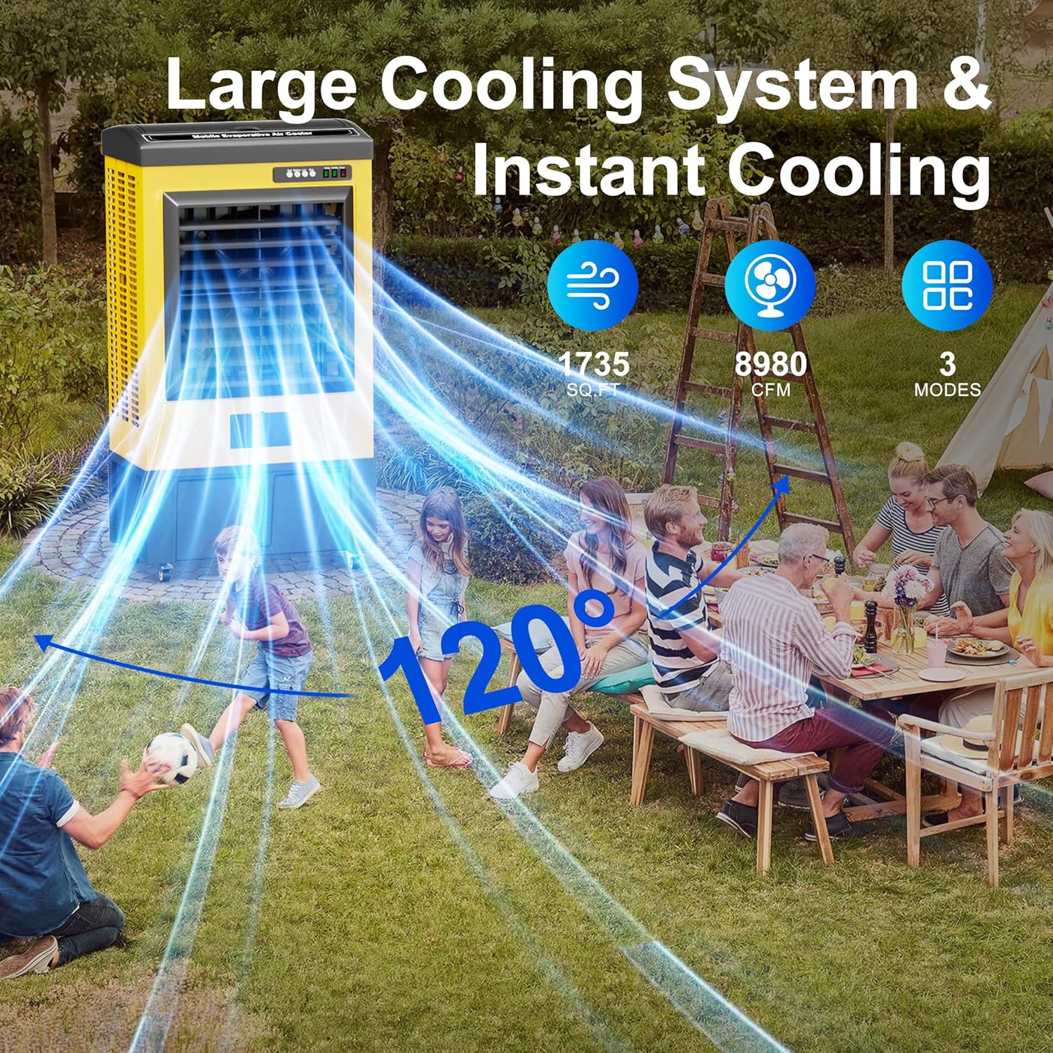 AKIRES 8980CFM Swamp Coolers,Evaporative Air Cooler for 1735Sq.ft of Space,with Continuous Auto Fill,36-Gal Water Tank,120°Oscillation,5 Ice Packs,Cooling Fan for Outdoor,Indoor Yellow(57IN)