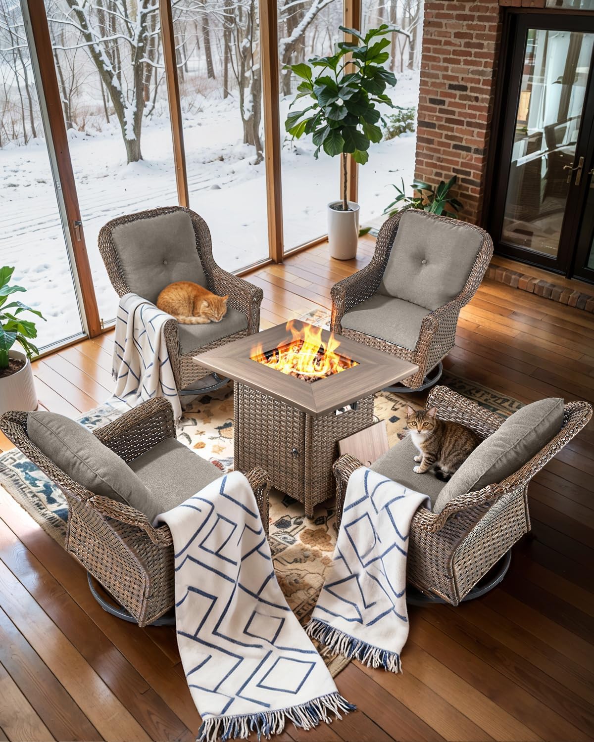 Outdoor Propane Fire Pit Table for Patio - 30-Inch Outside Wicker 50,000 BTU Gas Firepit Tables with Lava Rocks Waterproof Lid for Porch Glassroom Fireplace Garden Yard Apartment - Brown