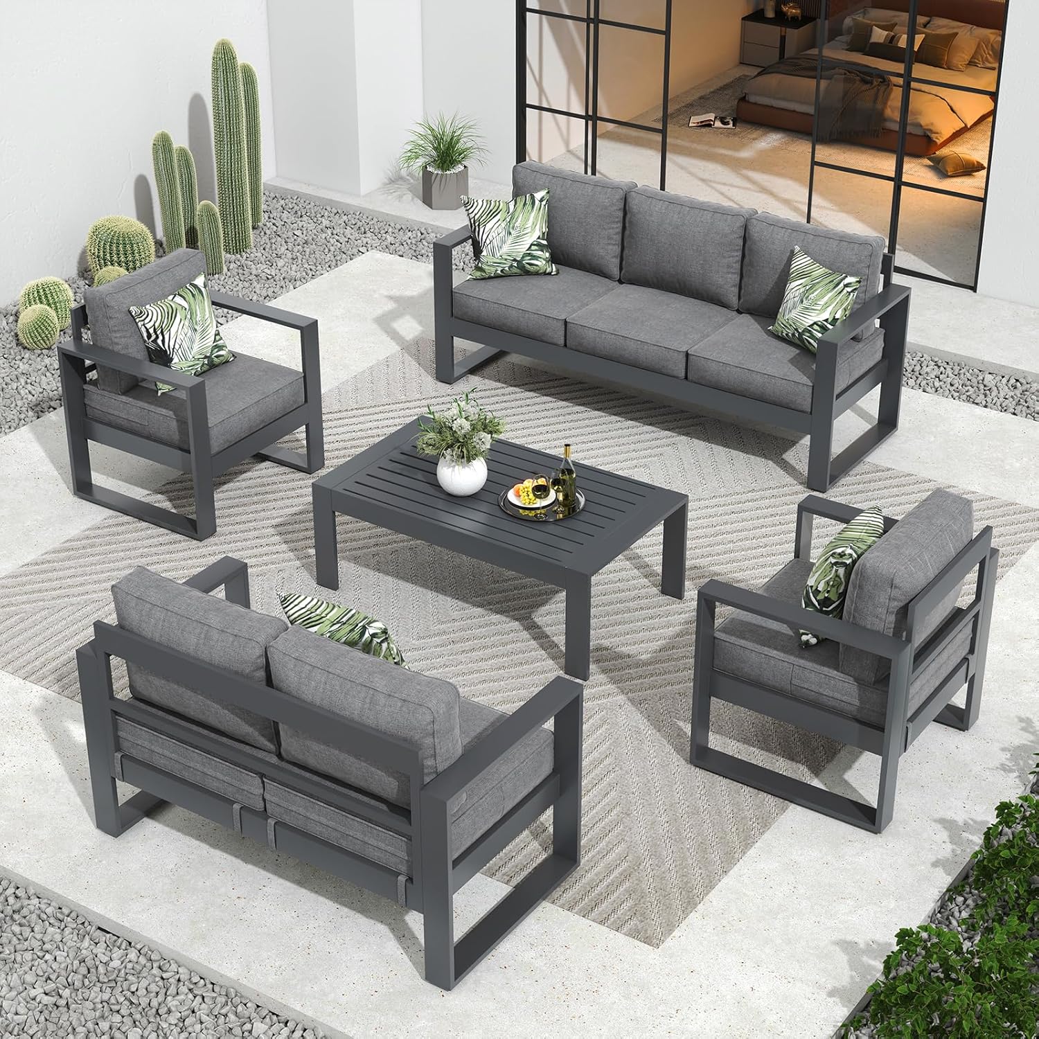 Outdoor Aluminum Furniture Set - 5 Pieces Modern Patio Conversation Sets Metal Sectional Sofa with Coffee Table