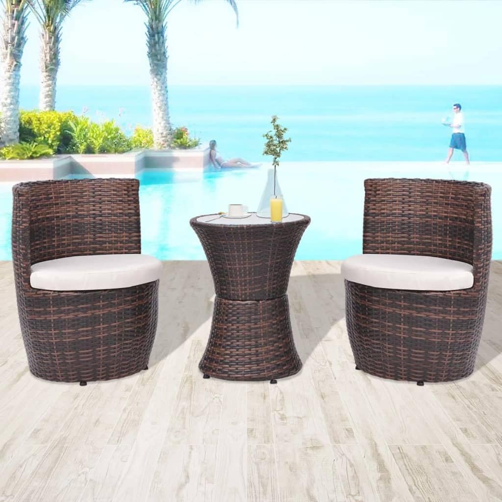 3 Piece Bistro Set with Cushions Poly Rattan Brown,Relax in Comfort with Our Stylish Rattan Table and Chair Set Patio Furniture Sets, Outdoor Furniture Sets