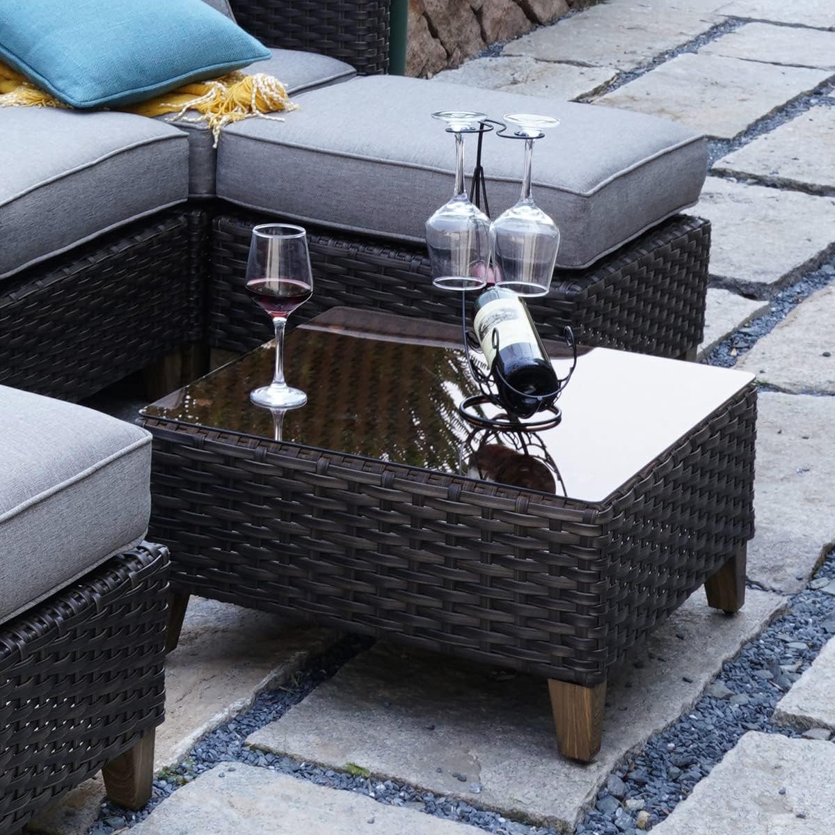 Grand patio Outdoor Coffee Table Wicker Patio Side Table Wicker Patio Table Furniture Conversation Set with Glass Top