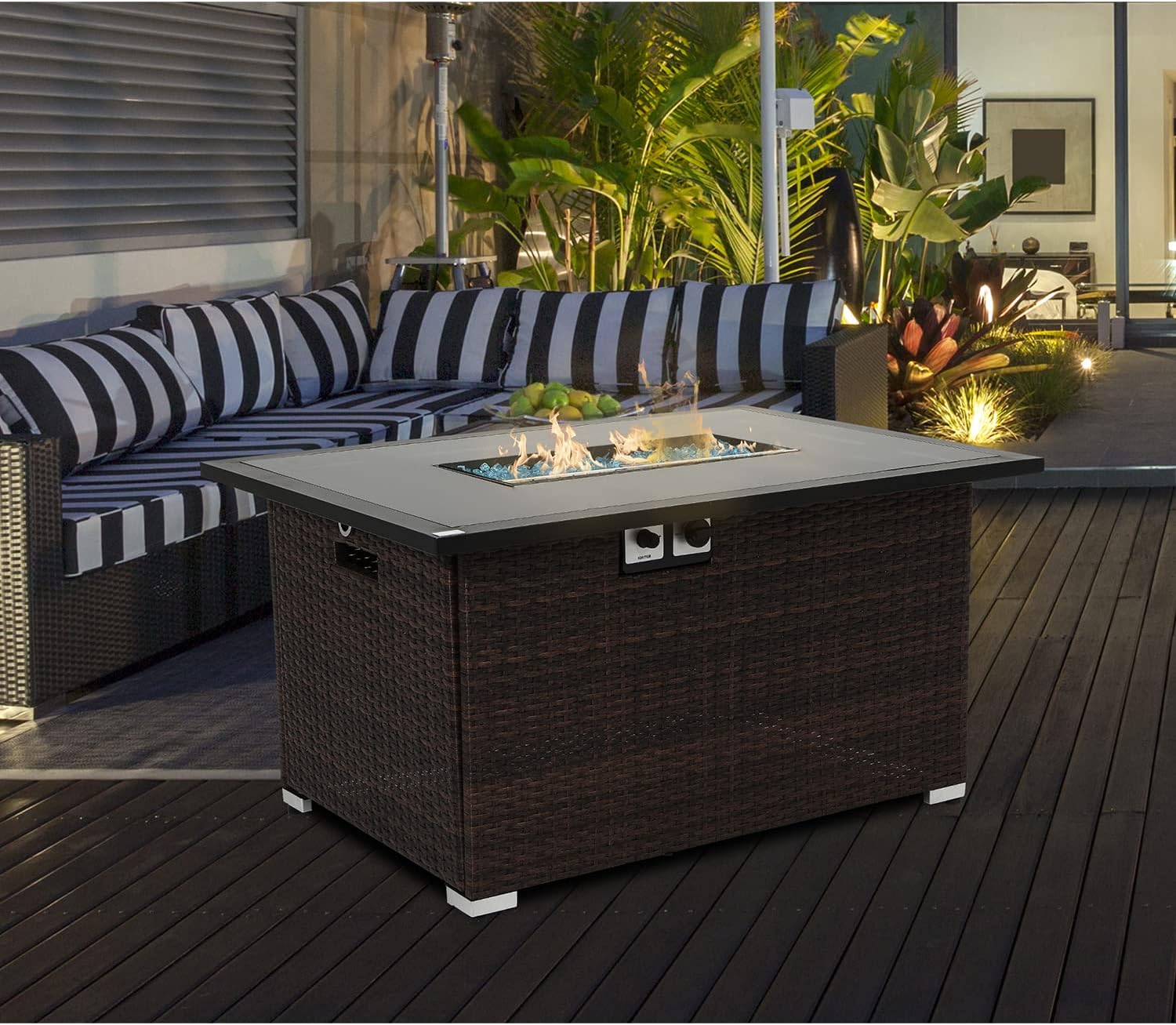 HOMPUS Outdoor Patio Propane Gas Fire Pit Coffee Table 44-Inch 40,000 BTU Rectangular PE Wicker Patio Fire Place, Waterproof Cover and Free Fire Glass, Internal Tank Storage, Brown