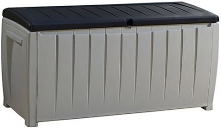 Sunny Lite Plastic Resin Weather Proof 90 Gallon Outdoor Storage Container Bin Box- Perfect for Patio, Beach, Deck, Dock, Boating Gear- Sturdy Heavy Duty Beautiful Black Gray Finsh