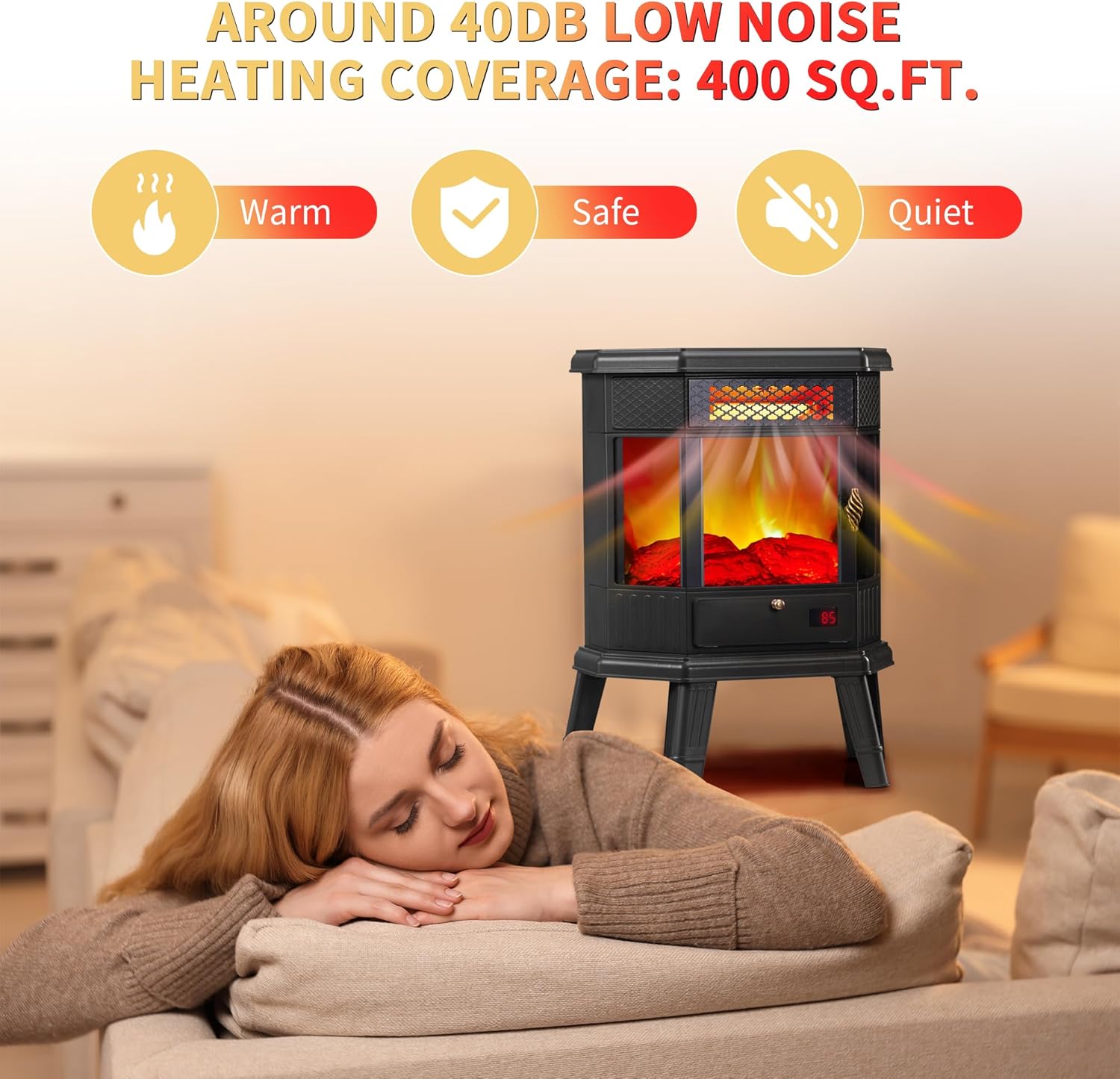 Electric Fireplace Heater 22 in Freestanding Fireplace Stove Infrared Fireplace RealSmart with 3D Flame Effect Remote Control, Timer, Overheating Protection Heater for Indoor Use Black