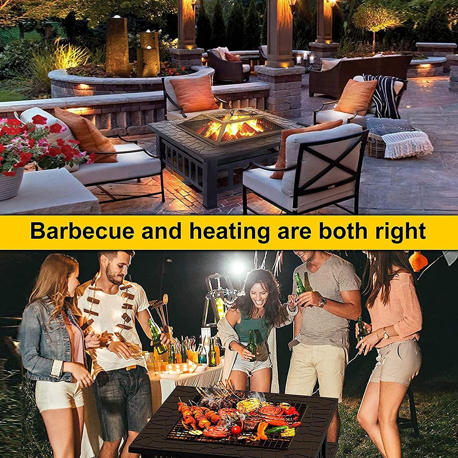 Outdoor Fire Pits BBQ, Backyard Firepit Table, Patio Garden Stove Wood Burning Fireplace, Spark Screen Cover, Poker, Rain Cover