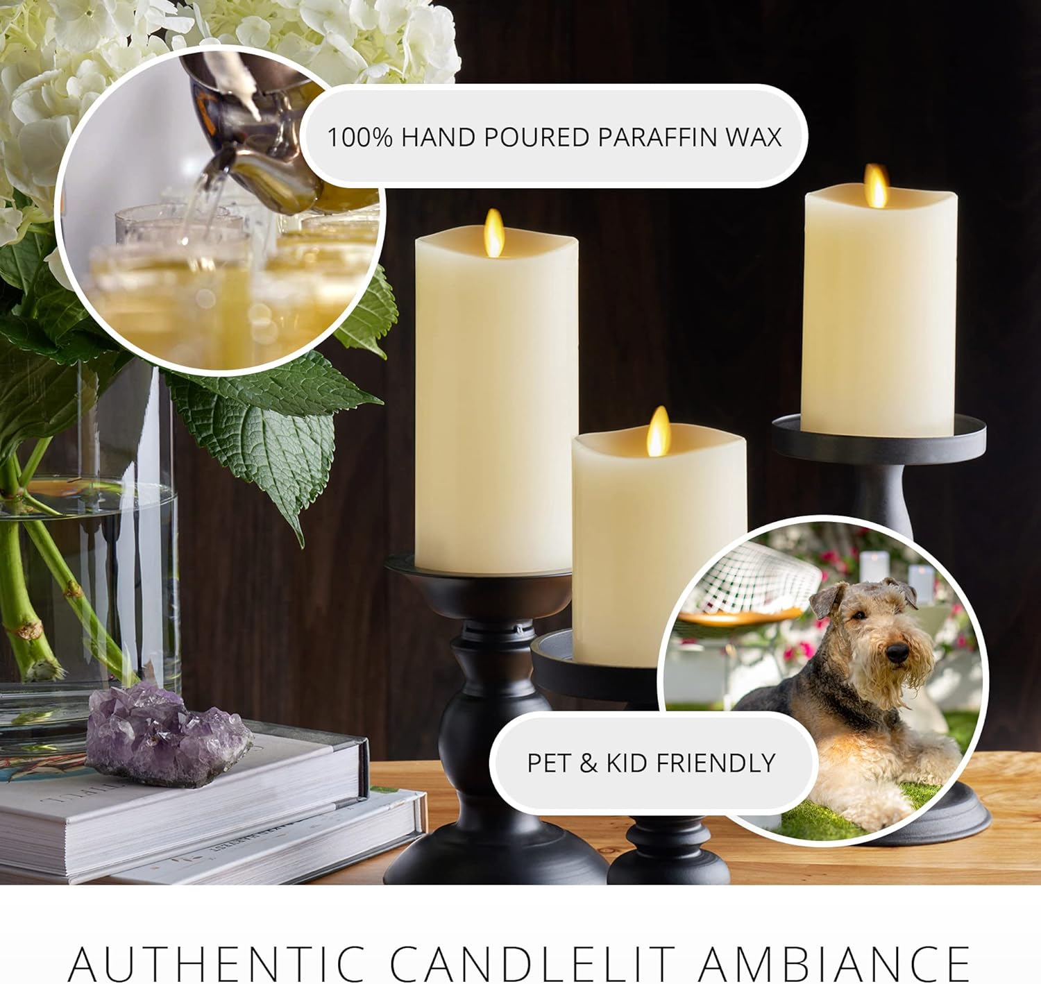 Luminara Realistic Flameless LED Set of 3 Ivory Pillar Candles, Home Safe Moving Flame Melted Top Illumination, Battery Operated Remote Control w/Timer
