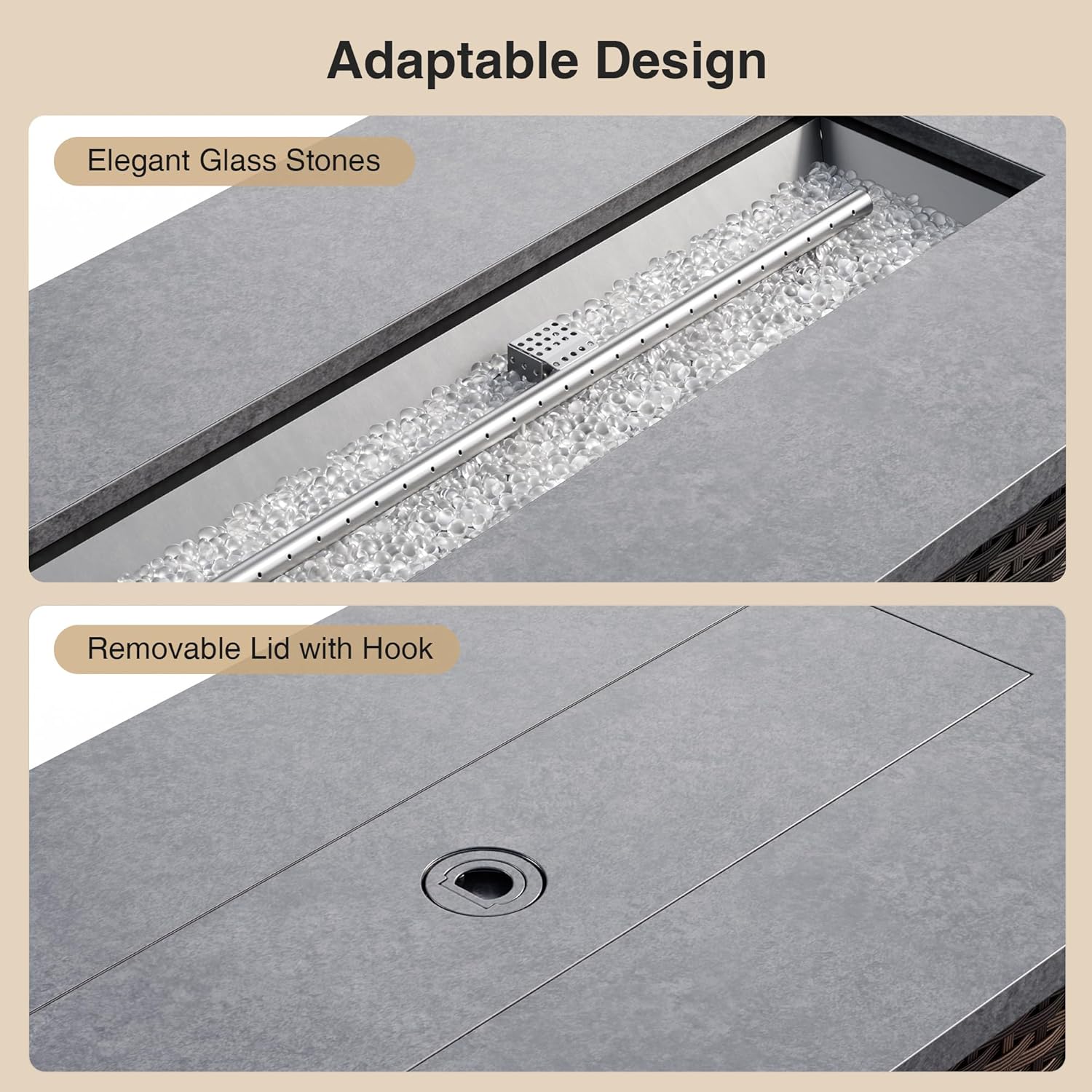 45'' Gas Fire Pit Table, Outdoor Gas Fire Pit with Hand-Woven PE Rattan, Glass Stones,Lid, 2 in 1 Fire Pit Table Gatherings Parties for Patio Deck Garden