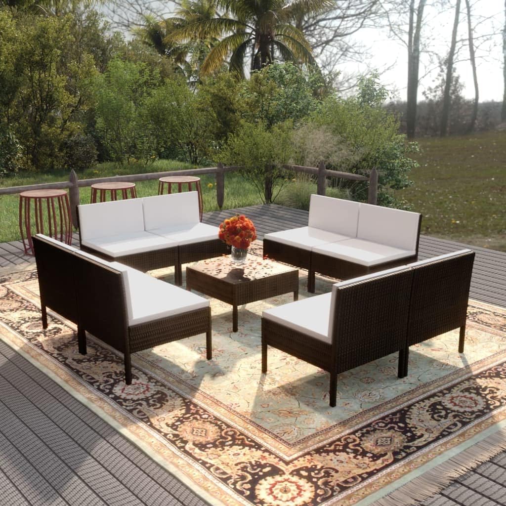 9 Piece Patio Lounge Set with Cushions Poly Rattan Black,Versatile Patio Lounge Set: WeatherResistant and Comfortable for Relaxation and Entertainment Patio Furniture, Outdoor Furniture Sets
